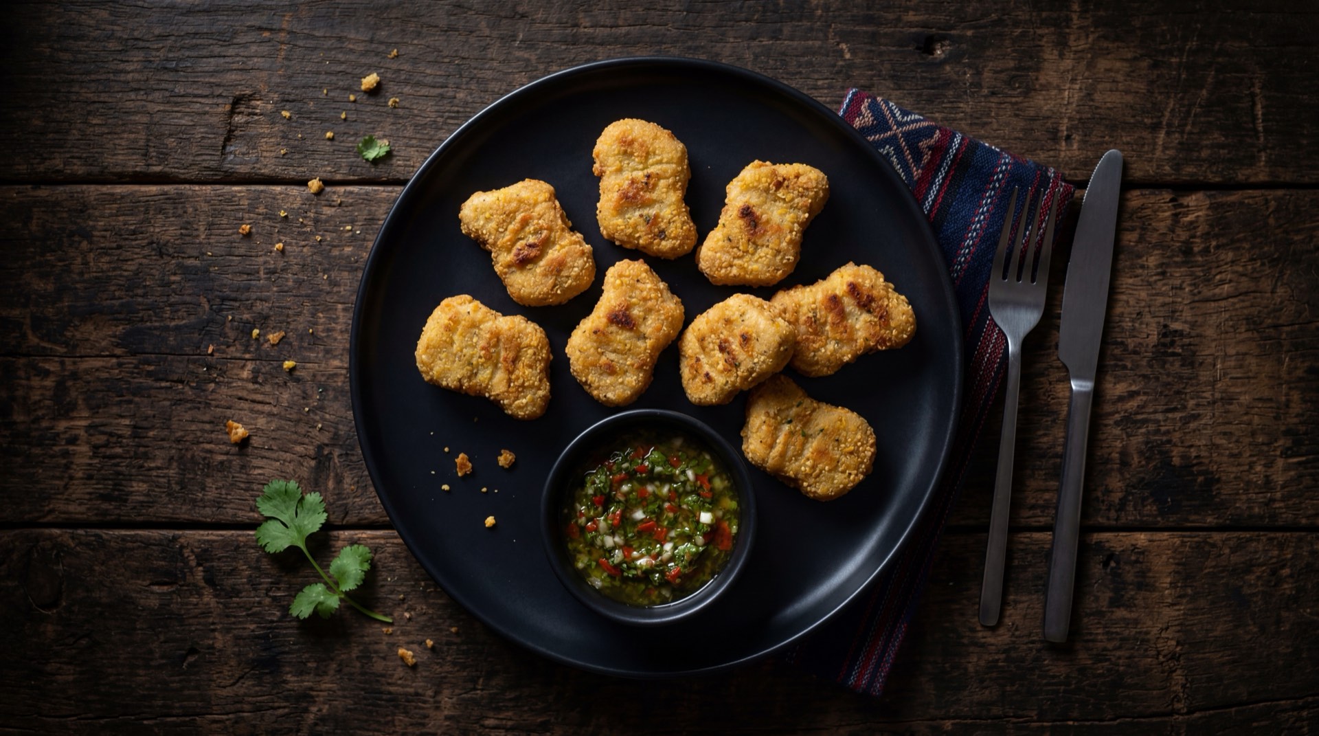 Nuggets de pollo caseros al horno con ensalada verde fresca y salsa de yogur