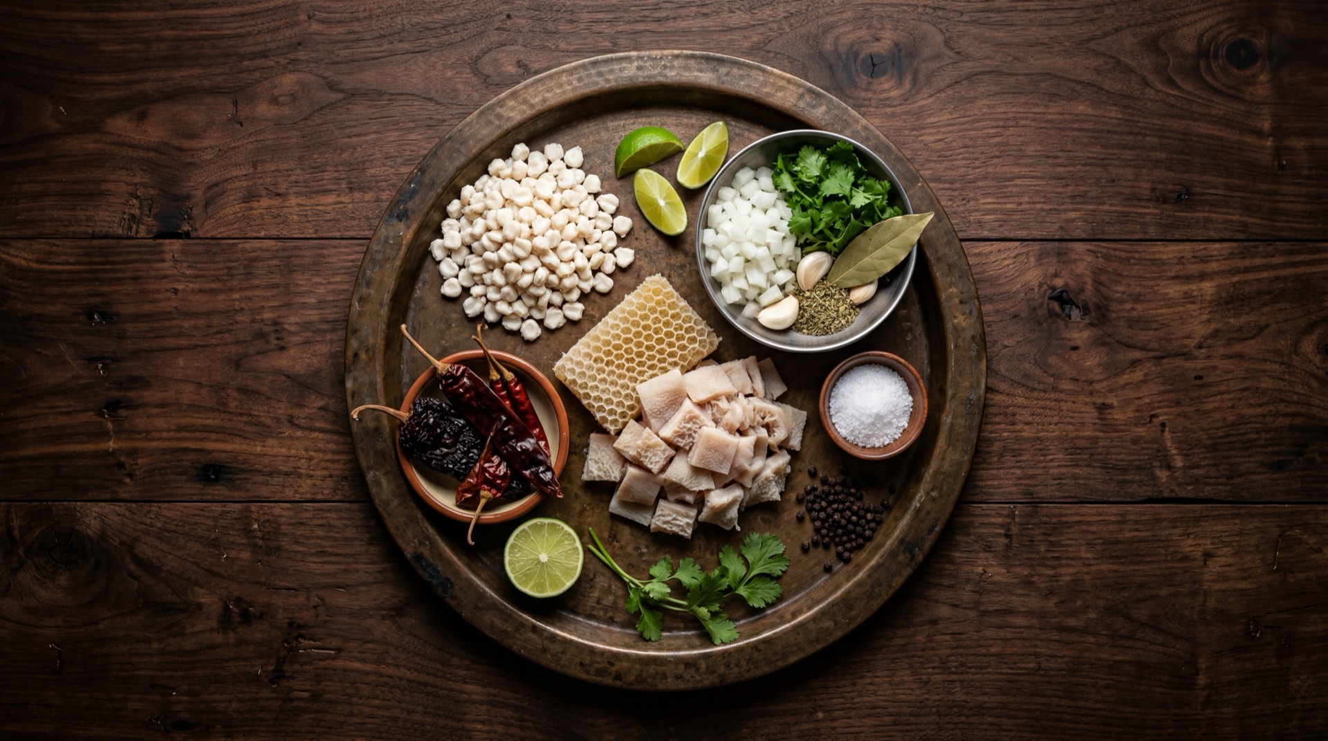 Ingredientes del menudo mexicano: pancita de res limpia cortada en trozos, maiz pozolero precocido, chiles guajillo secos, chiles ancho secos, cebolla blanca, dientes de ajo pelados, oregano seco mexicano y patas de res