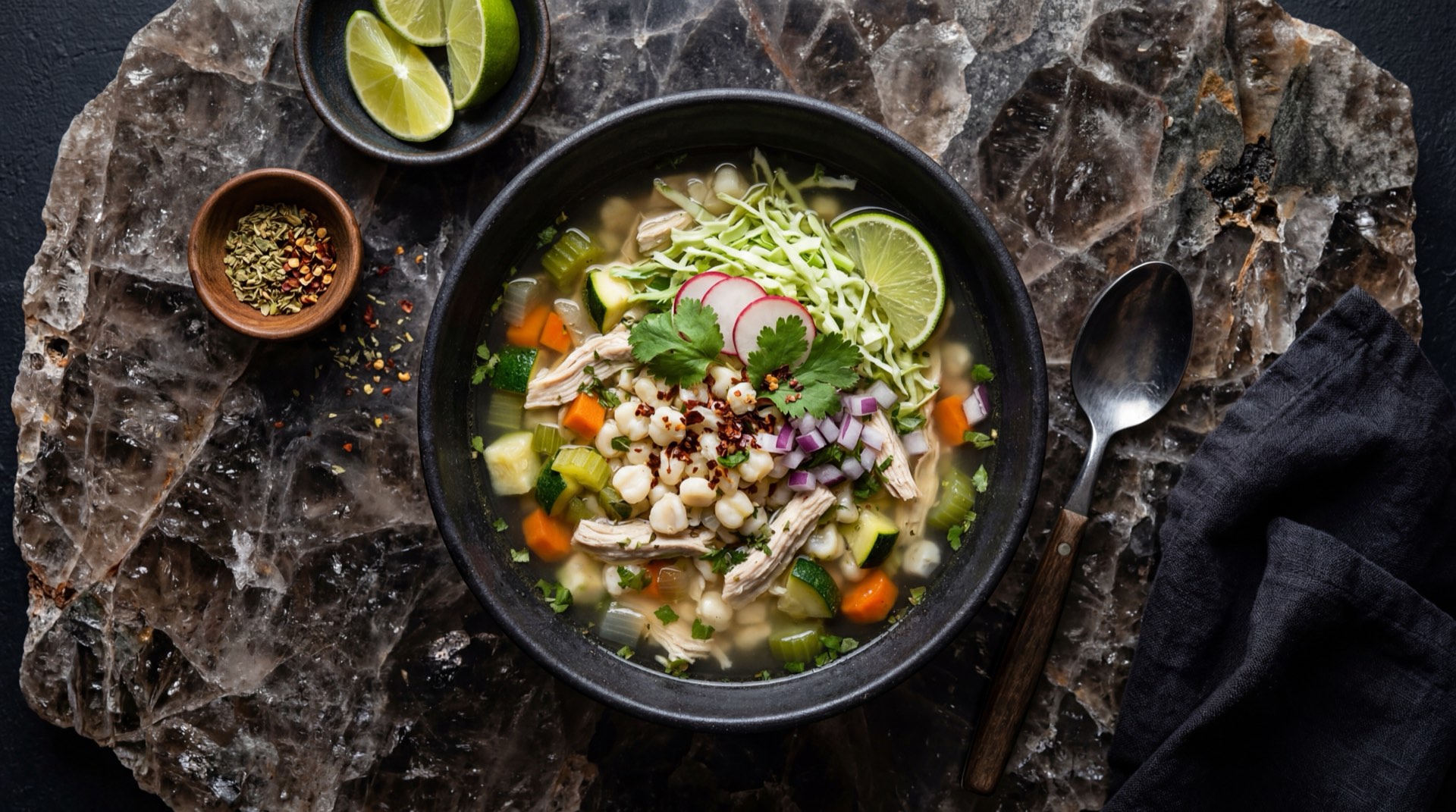 Menudo mexicano version saludable desgrasado con mas caldo y menos panza de res, acompanado de tostadas horneadas