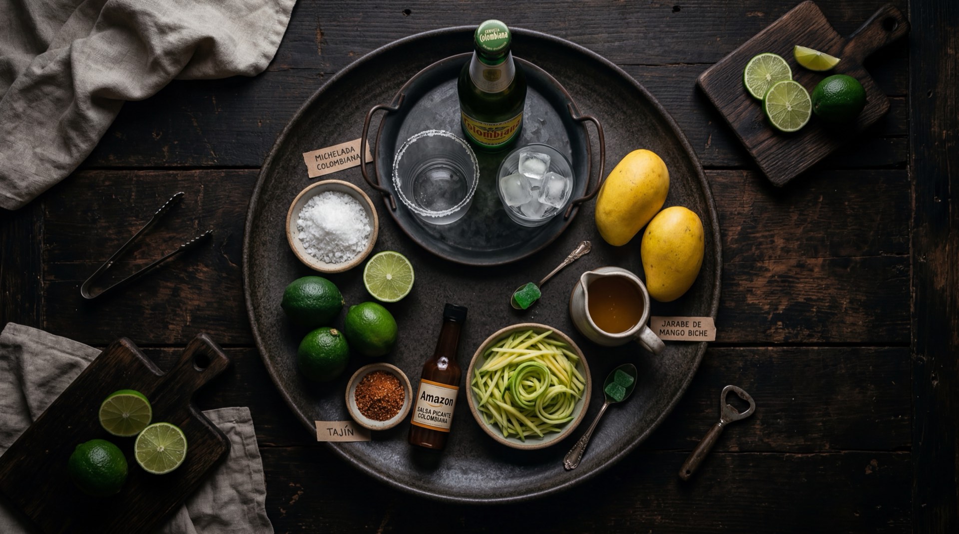 Ingredientes de la michelada colombiana: cerveza lager colombiana bien fria, limones verdes frescos partidos por la mitad, sal gruesa, salsa negra Worcestershire, salsa picante Tabasco, pimienta negra molida y cubos grandes de hielo