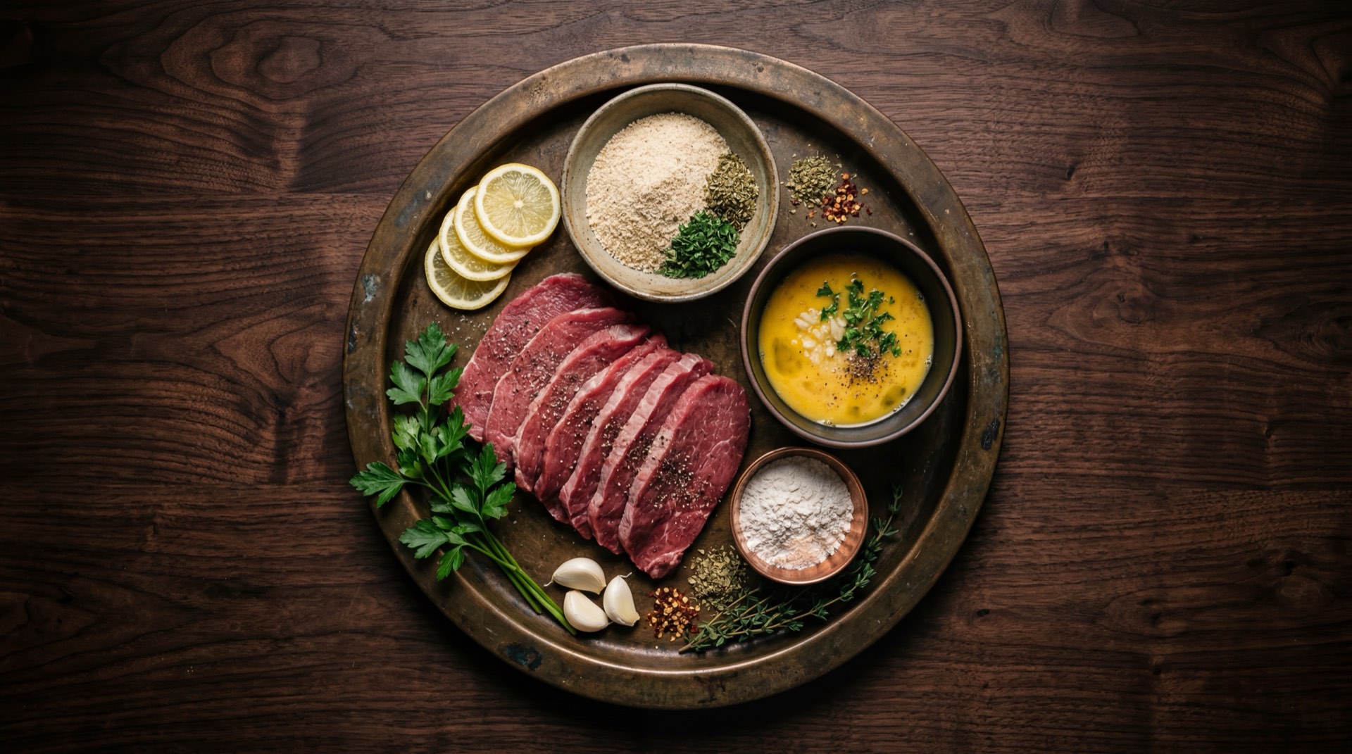 Ingredientes de la milanesa argentina: fetas de carne de res nalga, huevos frescos batidos, pan rallado fino seco, ajo fresco picado, perejil fresco picado, sal fina y aceite de girasol