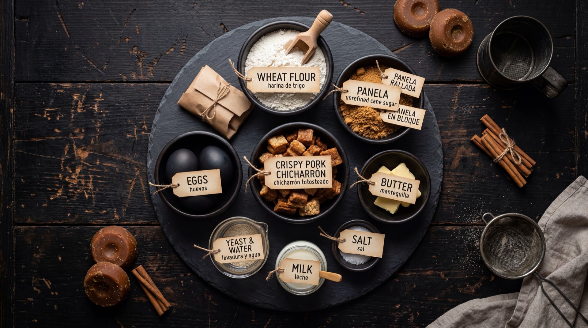 Ingredientes de la mogolla boyacense: harina de trigo todo uso, levadura seca activa, mantequilla sin sal, huevo entero, azucar blanca y sal