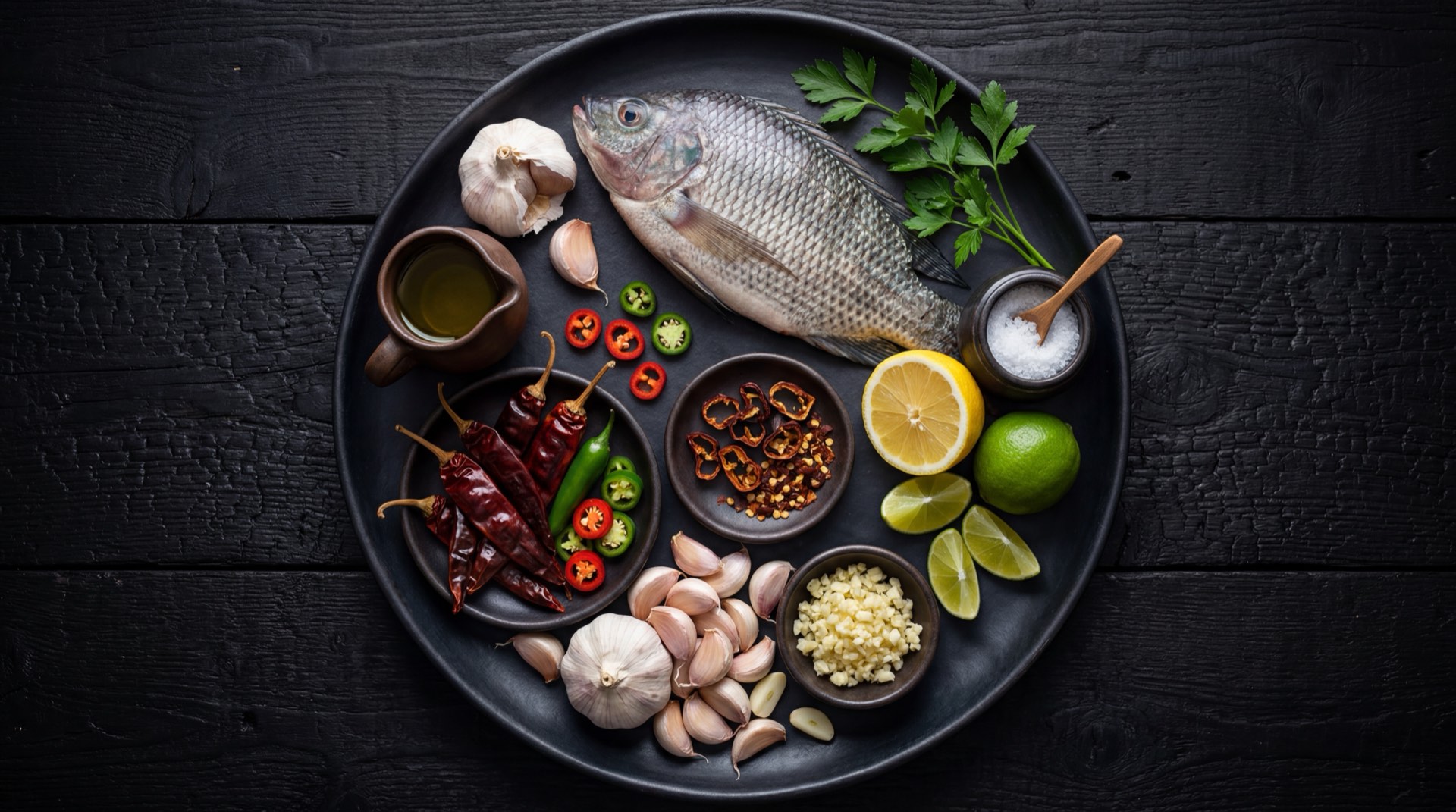 Ingredientes de la mojarra al ajillo: mojarra entera fresca, mantequilla sin sal, dientes de ajo laminados, limones verdes, cilantro fresco y aceite vegetal
