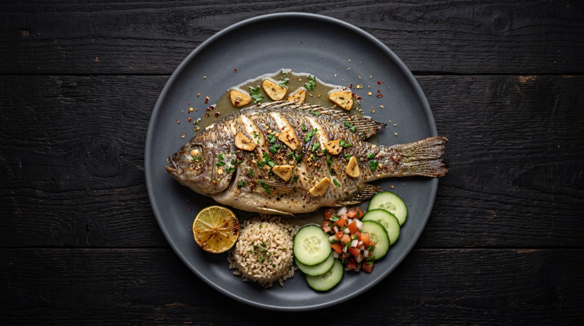 Mojarra al horno con ajo laminado y limon verde, version saludable sin fritura con ensalada fresca