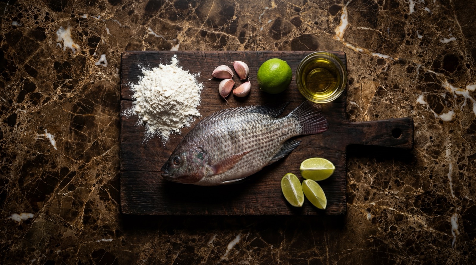 Ingredientes de la mojarra frita: mojarra roja, limon, ajo, comino, patacones, arroz y ensalada