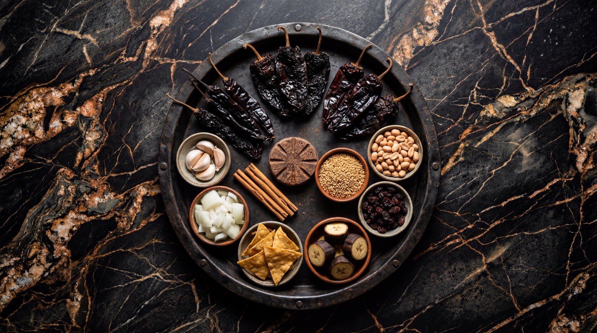 Ingredientes del mole poblano: chiles anchos secos, chiles mulatos secos, chiles pasilla secos, tablilla de chocolate amargo mexicano, semillas de ajonjoli tostadas, cacahuates pelados, almendras enteras, pasas oscuras, canela en raja, clavos de olor y cebolla blanca