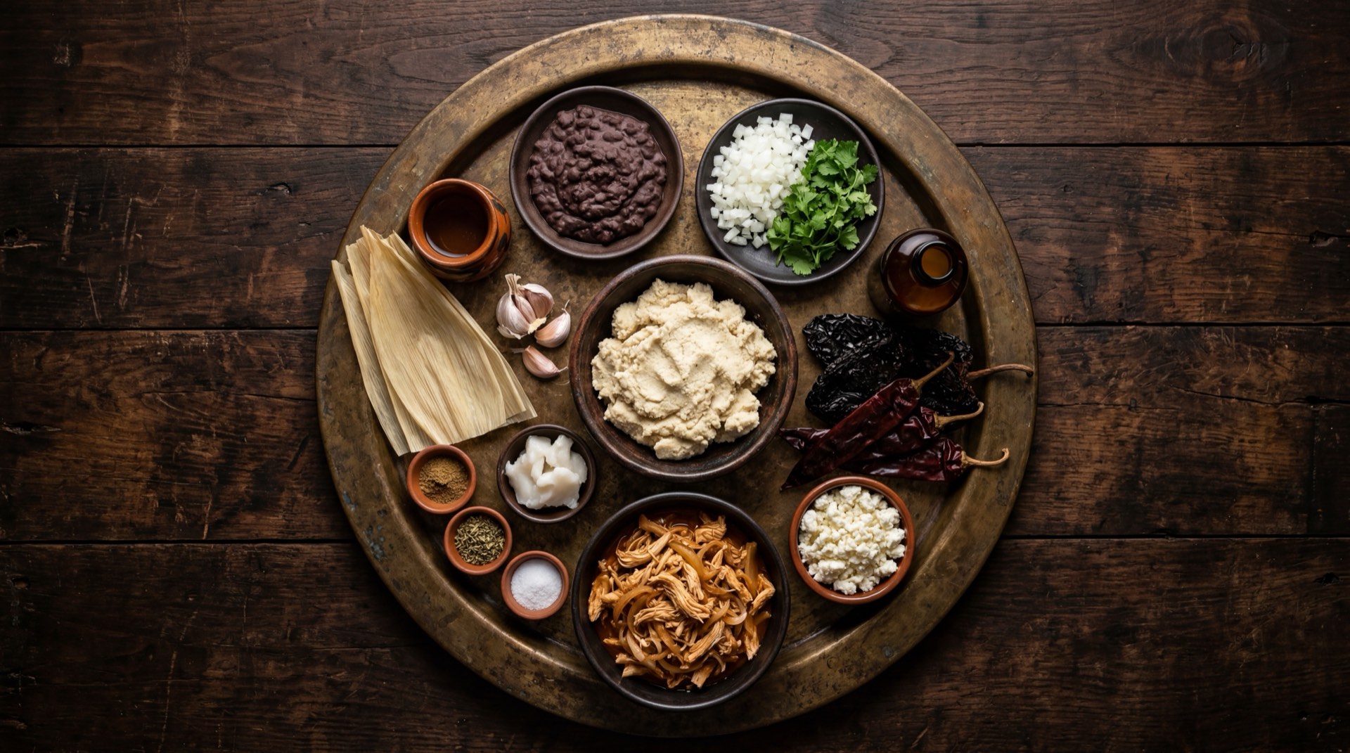 Ingredientes de molotes mexicanos: masa de maiz nixtamalizado fresca, papa blanca cocida machacada, chorizo mexicano rojo desmenuzado, manteca de cerdo refinada, sal de grano, salsa verde de tomate de milpa, crema agria mexicana, queso fresco desmoronado y lechuga iceberg picada
