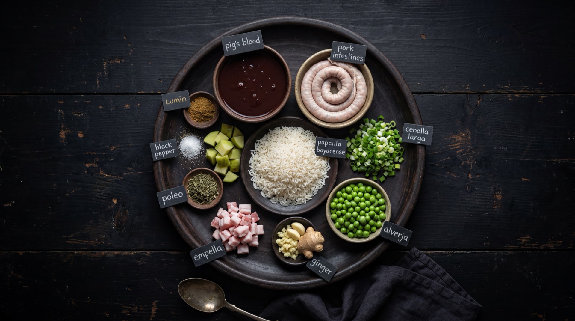 Ingredientes de la morcilla boyacense: sangre de cerdo fresca colada, arroz blanco cocido, arvejas secas verdes cocidas, cebolla larga fresca picada, manteca de cerdo derretida, panela rallada, comino molido, pimienta negra molida y tripa de cerdo natural