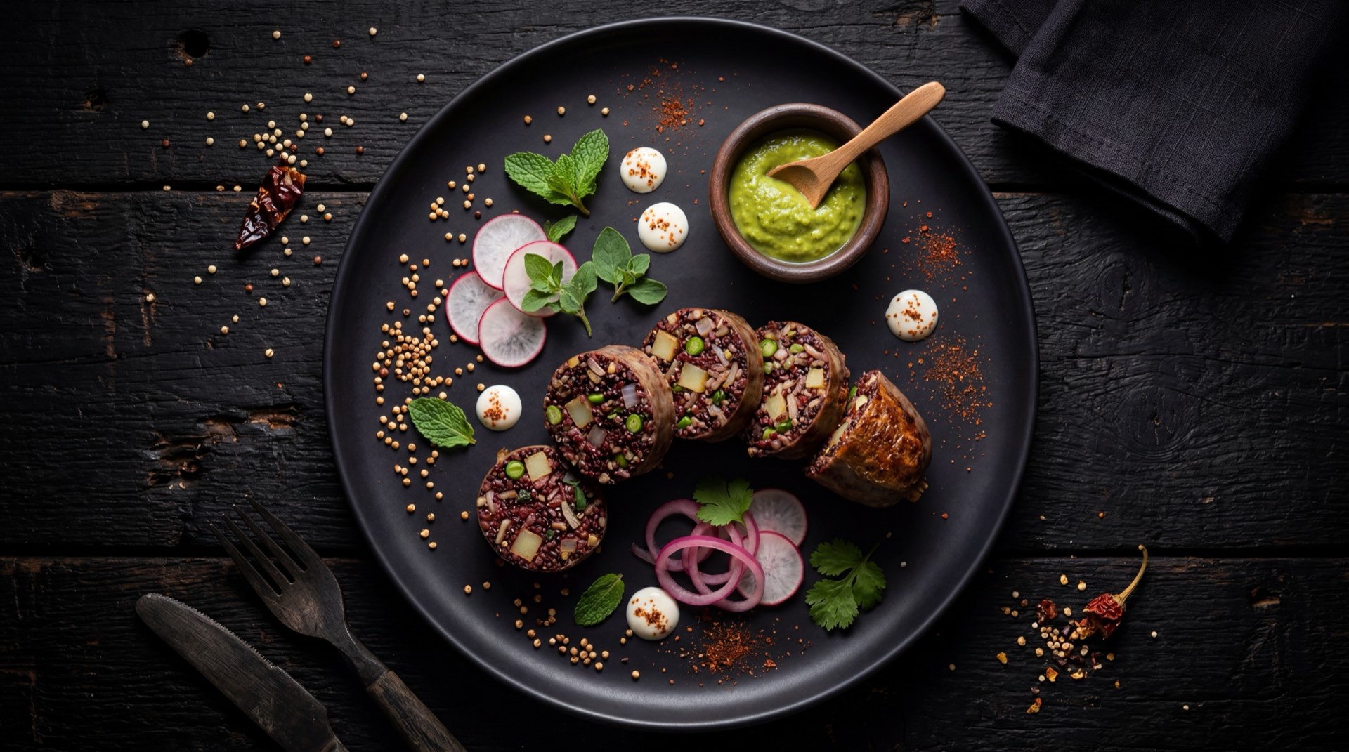 Morcilla boyacense saludable version ligera cortada en rodajas finas con menos manteca de cerdo servida con ensalada verde fresca