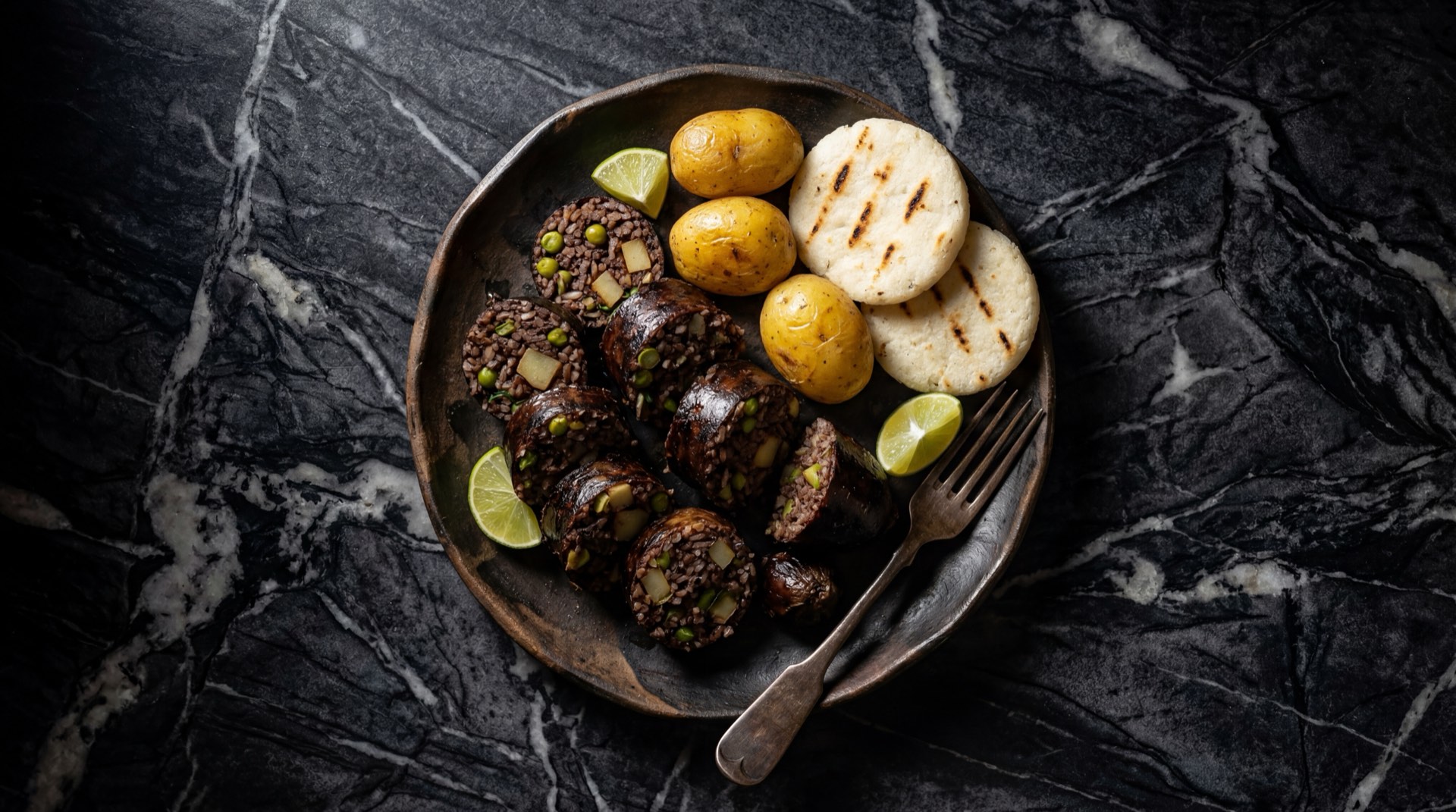 Morcilla boyacense colombiana cortada en rodajas doradas mostrando el relleno oscuro de sangre de cerdo con arroz blanco cocido y arvejas secas verdes
