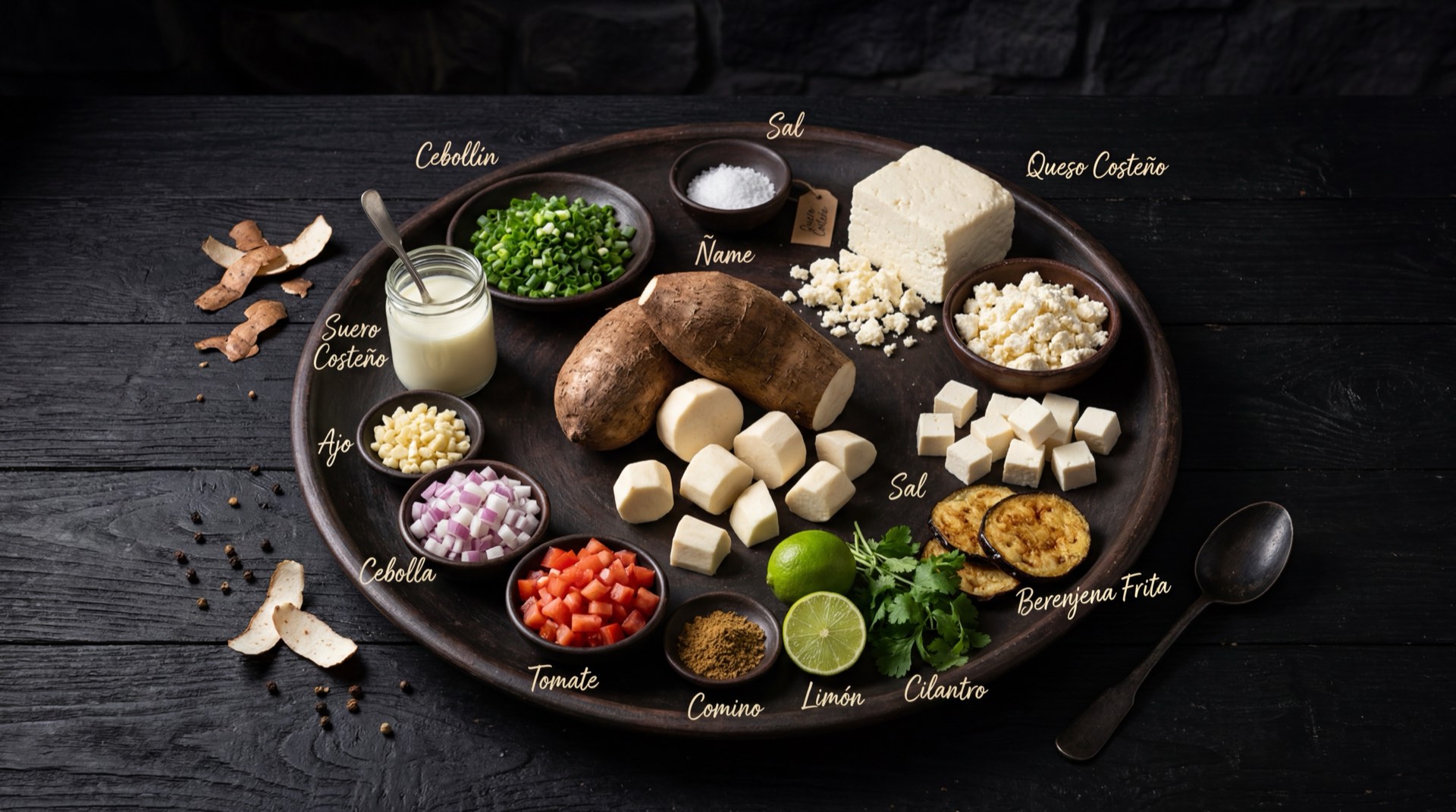 Ingredientes del mote de queso costeno: masa de maiz blanco precocido, pechuga de pollo fresco desmechado, carne de cerdo fresca en cubos, papa criolla pelada, zanahoria grande en rodajas, arvejas verdes frescas, huevos duros, cebolla larga fresca, ajo fresco, tomate rojo maduro y hojas de platano