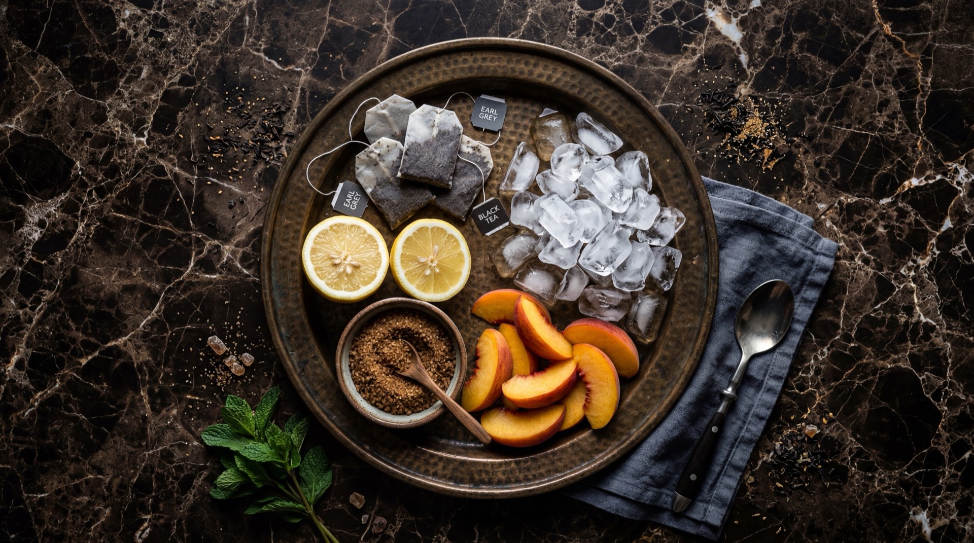 Ingredientes del Mr. Tea de Postobon: extracto de te negro seco, limon tahiti fresco cortado, durazno maduro en rodajas, azucar refinada y agua filtrada