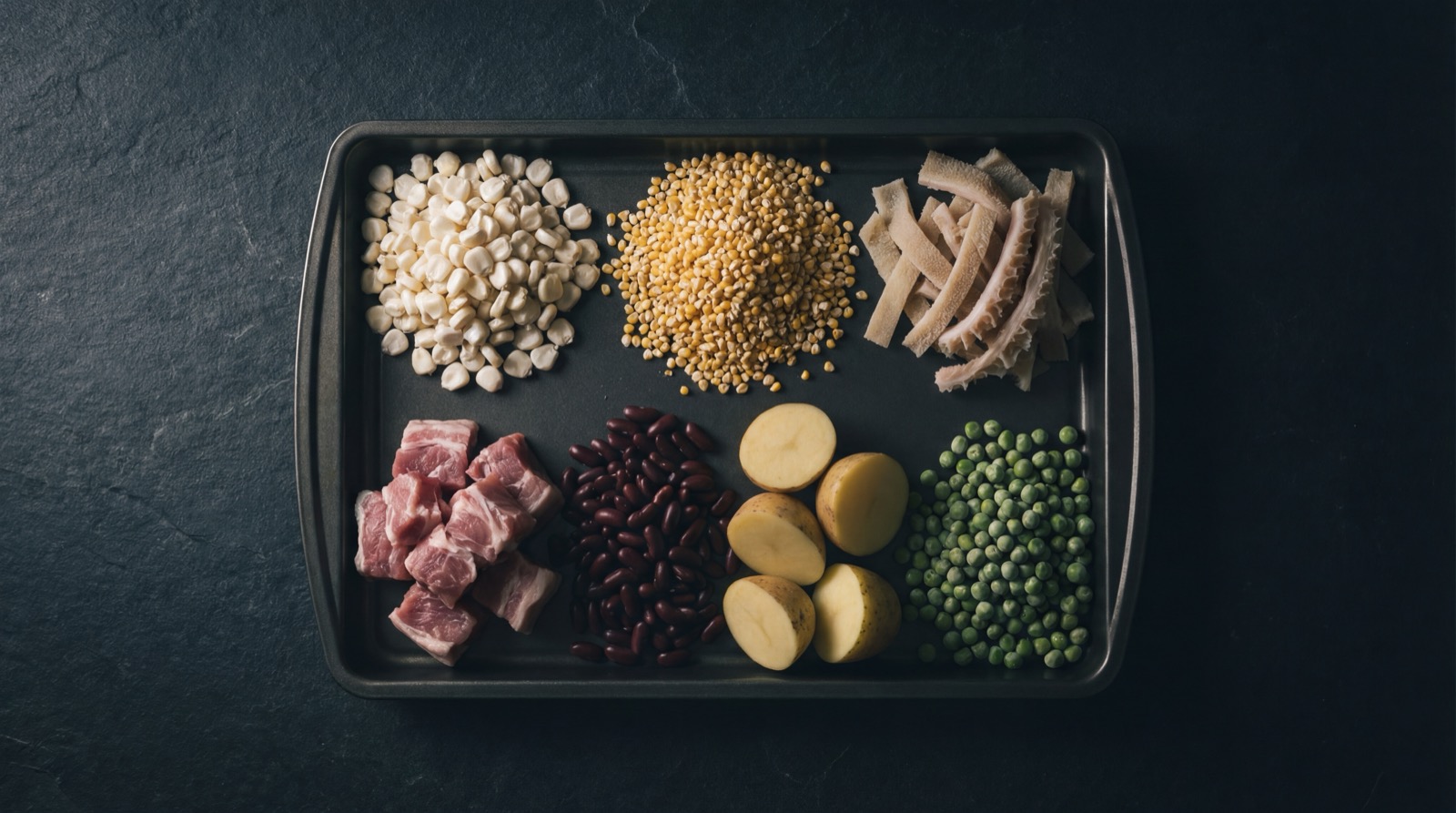 Ingredientes del mute: maiz pelado, frijol, garbanzo, cerdo, papa, yuca, zanahoria y repollo