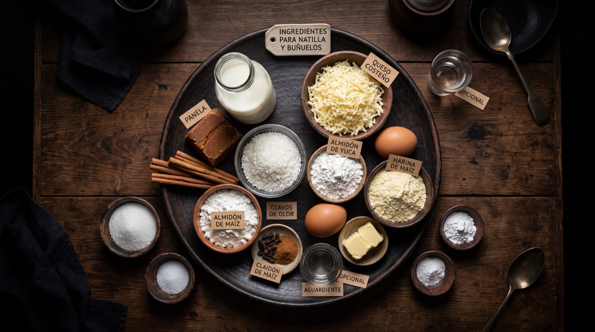 Ingredientes para natilla con bunuelos: maizena, leche entera, panela raspada, canela en rama, clavos de olor, coco rallado fresco, queso costeno rallado, harina de maiz y huevos