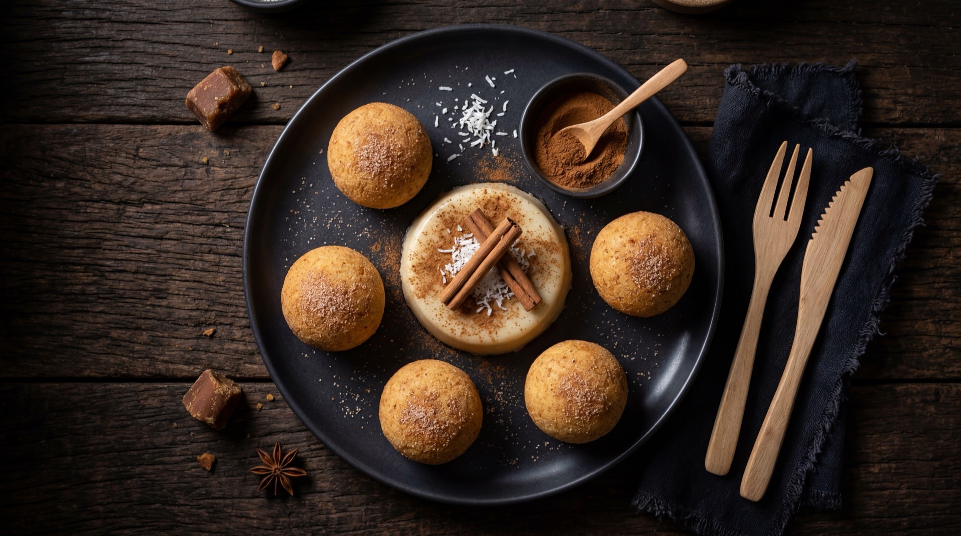 Natilla con bunuelos saludable: natilla con leche descremada y bunuelos horneados dorados sin aceite