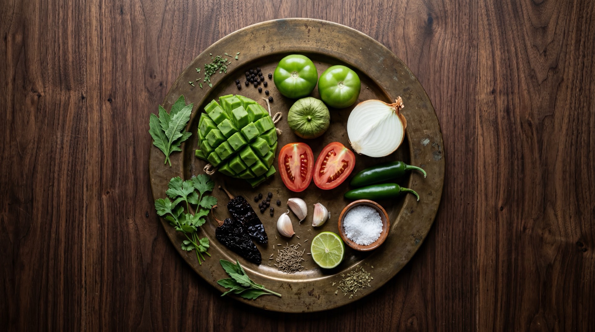Ingredientes de los nopales a la mexicana: pencas de nopal tiernas frescas, cebolla blanca picada, tomates rojos maduros, chiles serranos verdes frescos, cilantro fresco, limon verde mexicano y aceite de oliva extra virgen
