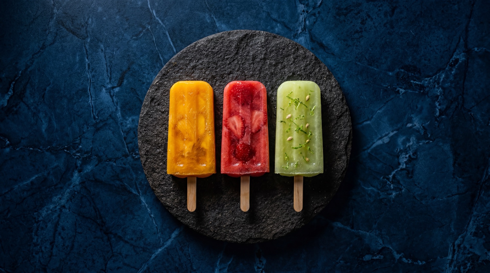 Paletas Mexicanas mexicano tradicional servido en plato oscuro sobre mesa de marmol negro