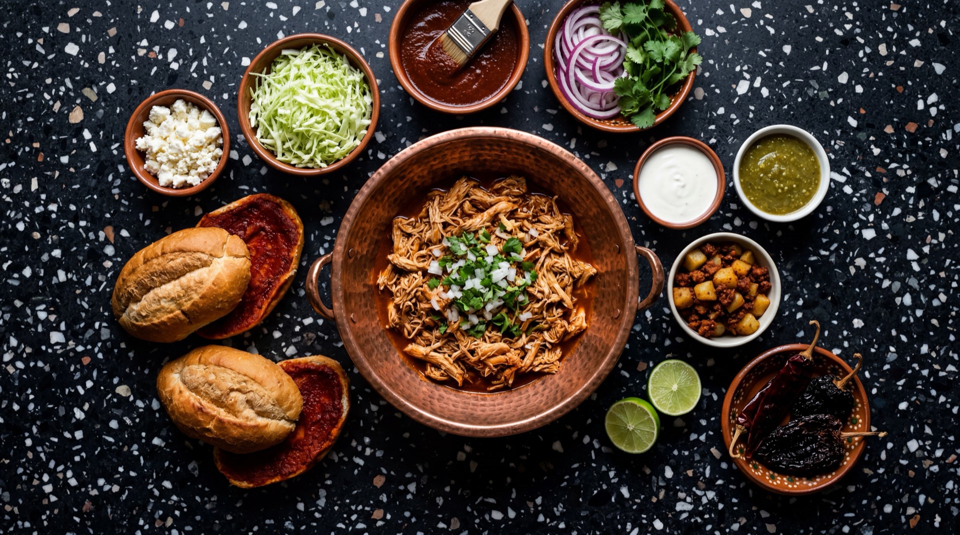 Ingredientes del pambazo mexicano: pan de pambazo blanco suave, chiles guajillo secos desvenados, chorizo mexicano rojo desmenuzado, papas blancas cocidas machacadas, ajo pelado, cebolla blanca, lechuga iceberg rallada, crema agria mexicana y queso fresco desmoronado