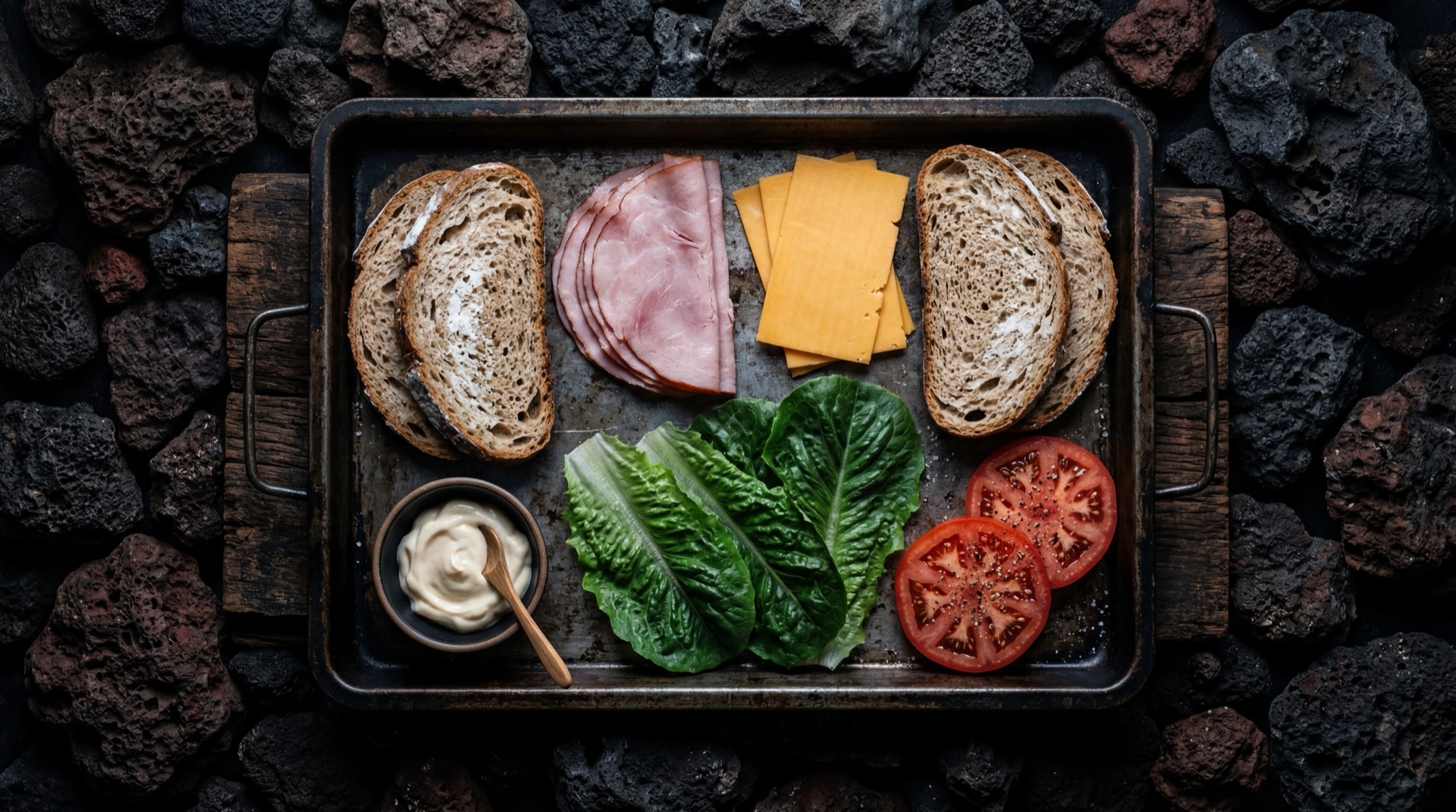 Ingredientes para sandwich con Pan Bimbo: rebanadas de pan blanco tajado, tajadas de jamon de cerdo, queso mozzarella, tomate rojo maduro en rodajas, lechuga crespa fresca y mayonesa ligera