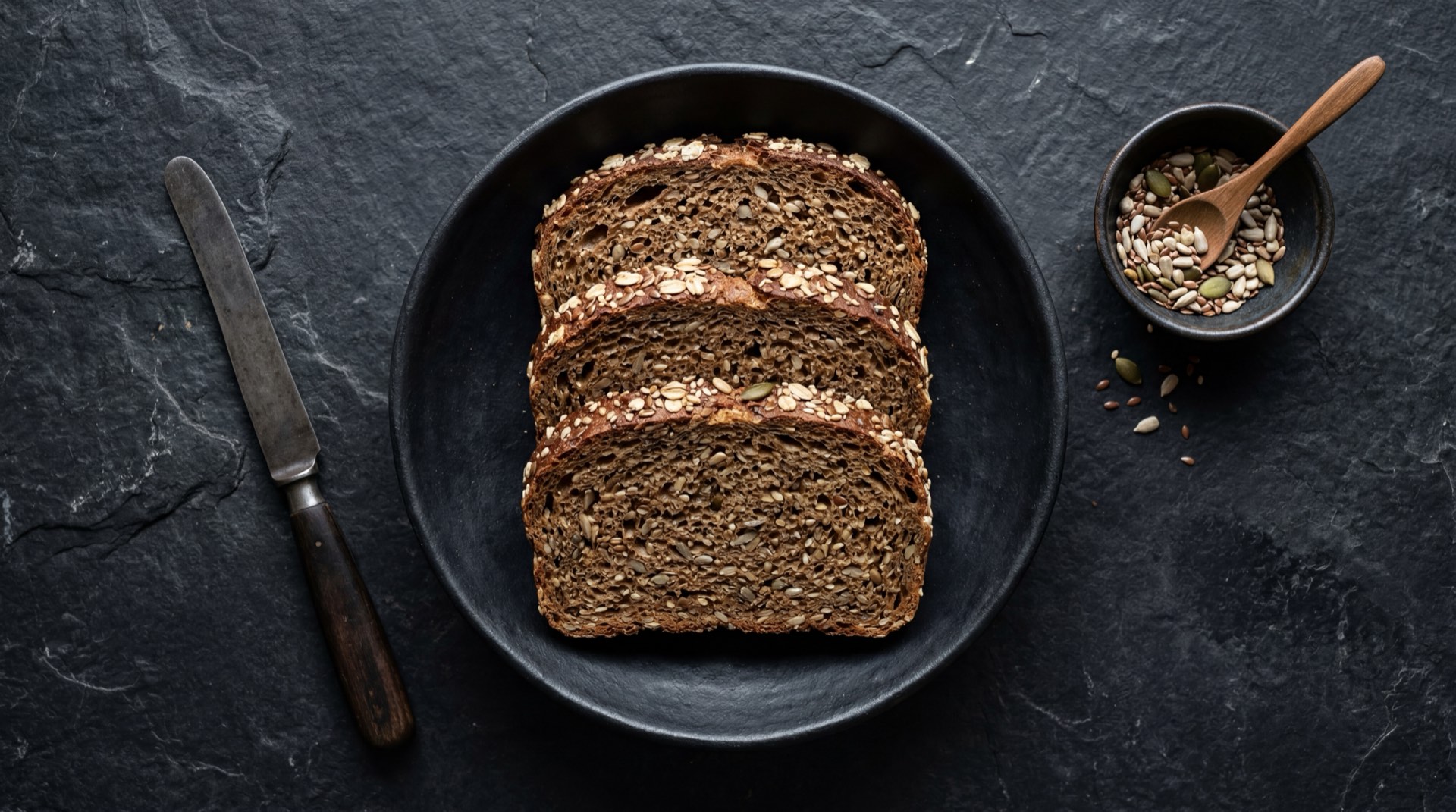 Alternativa saludable al Pan Bimbo blanco: pan integral multigrano con semillas de linaza y ajonjoli, aguacate maduro en rodajas y tomate rojo fresco sobre superficie oscura