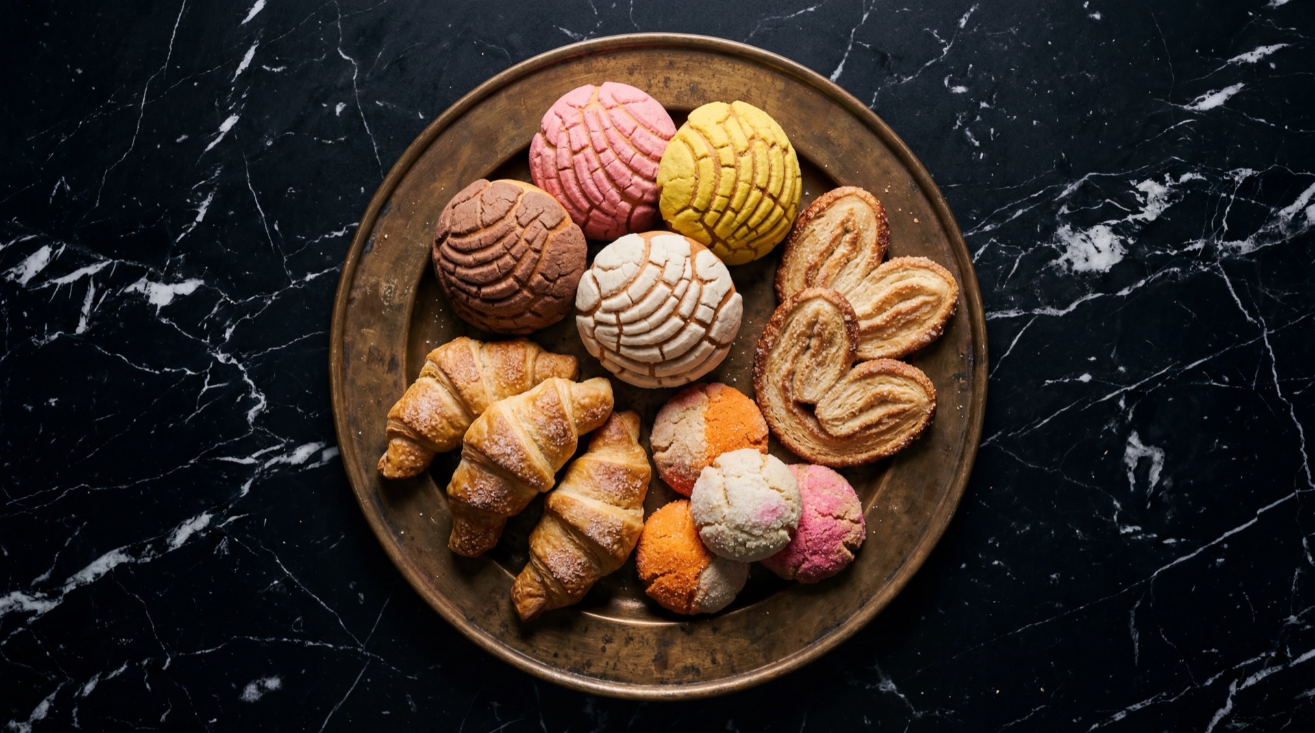 Pan Dulce Mexicano mexicano tradicional servido en plato oscuro sobre mesa de marmol negro