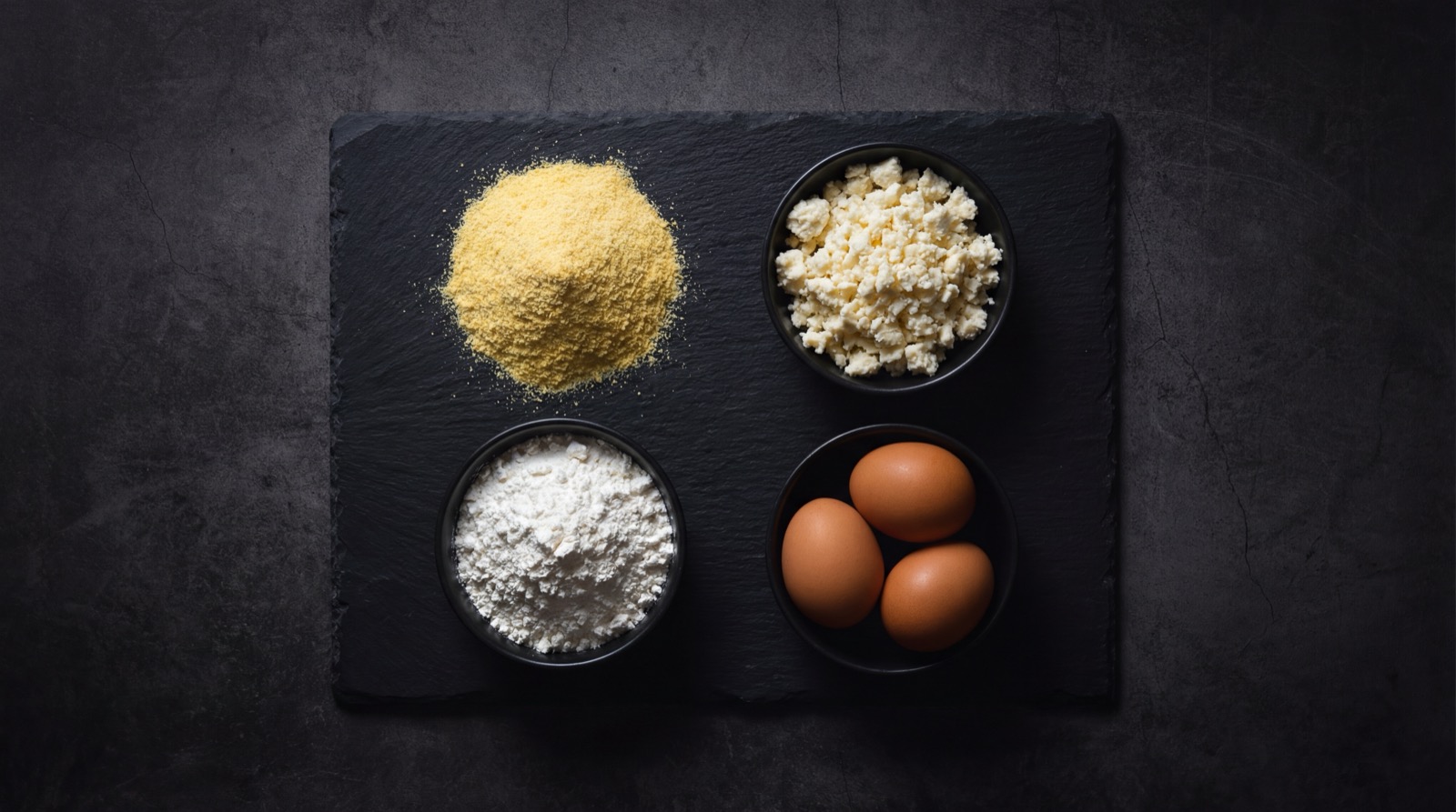 Ingredientes del pandebono: almidon de yuca, queso costeno, cuajada, huevo y leche