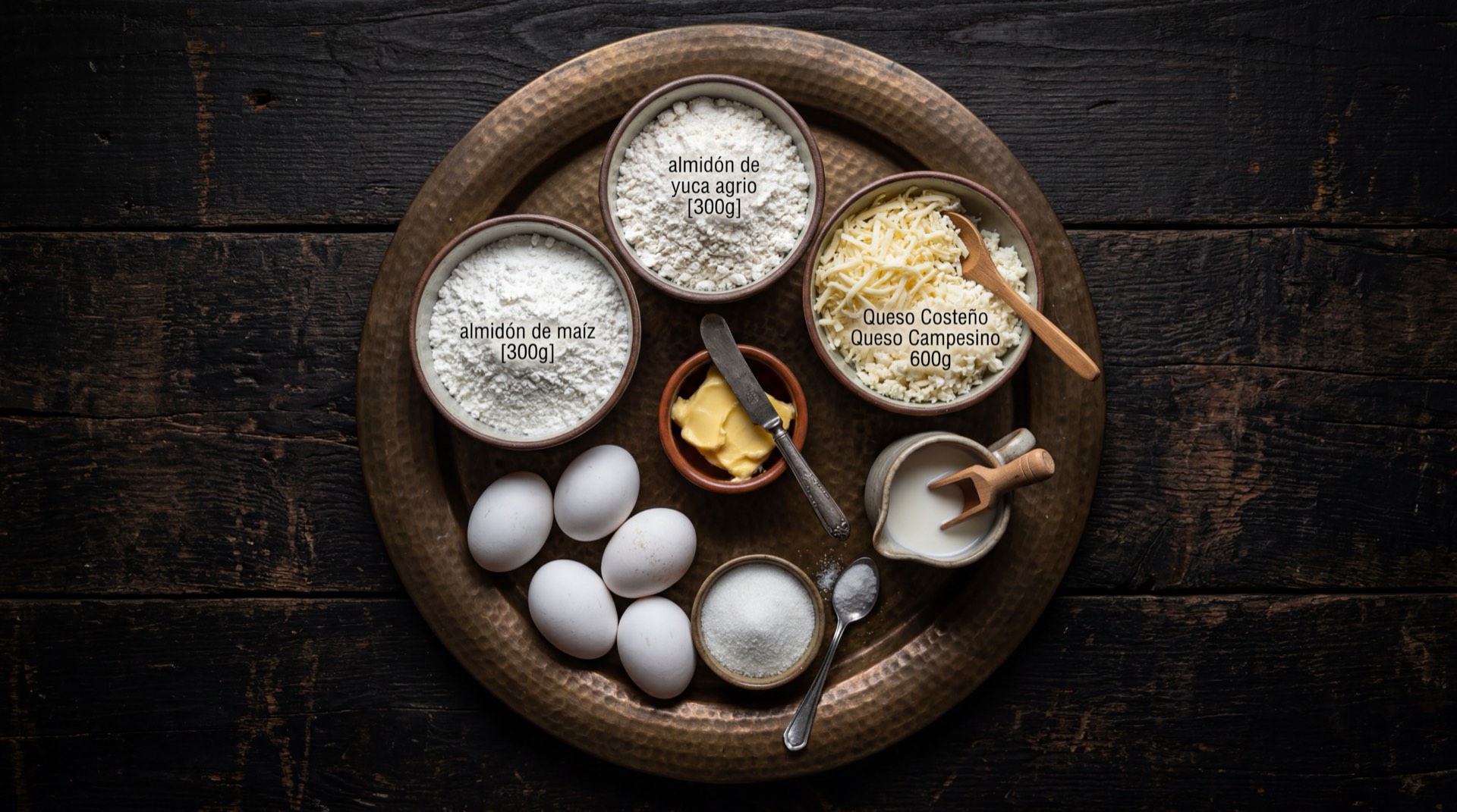 Ingredientes del pandebono valluno: almidon de yuca agrio, harina de maiz precocida blanca, queso costeno fresco rallado, cuajada fresca desmenuzada, huevos frescos grandes, mantequilla sin sal y leche entera