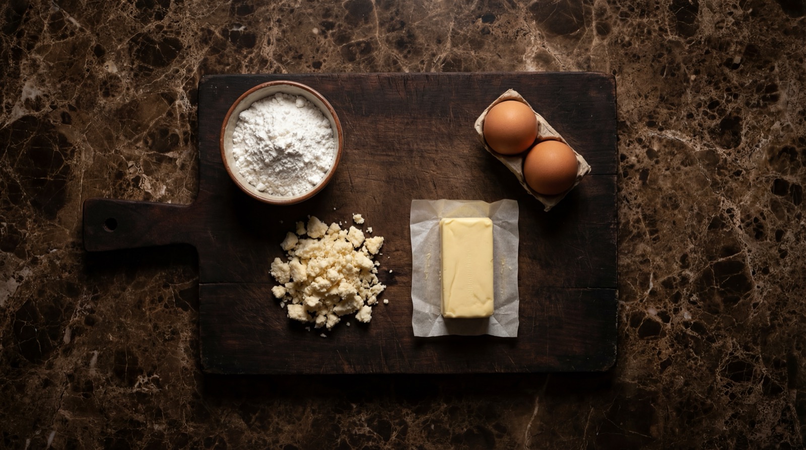 Ingredientes del pandeyuca: almidon de yuca, queso costeño, huevo y mantequilla