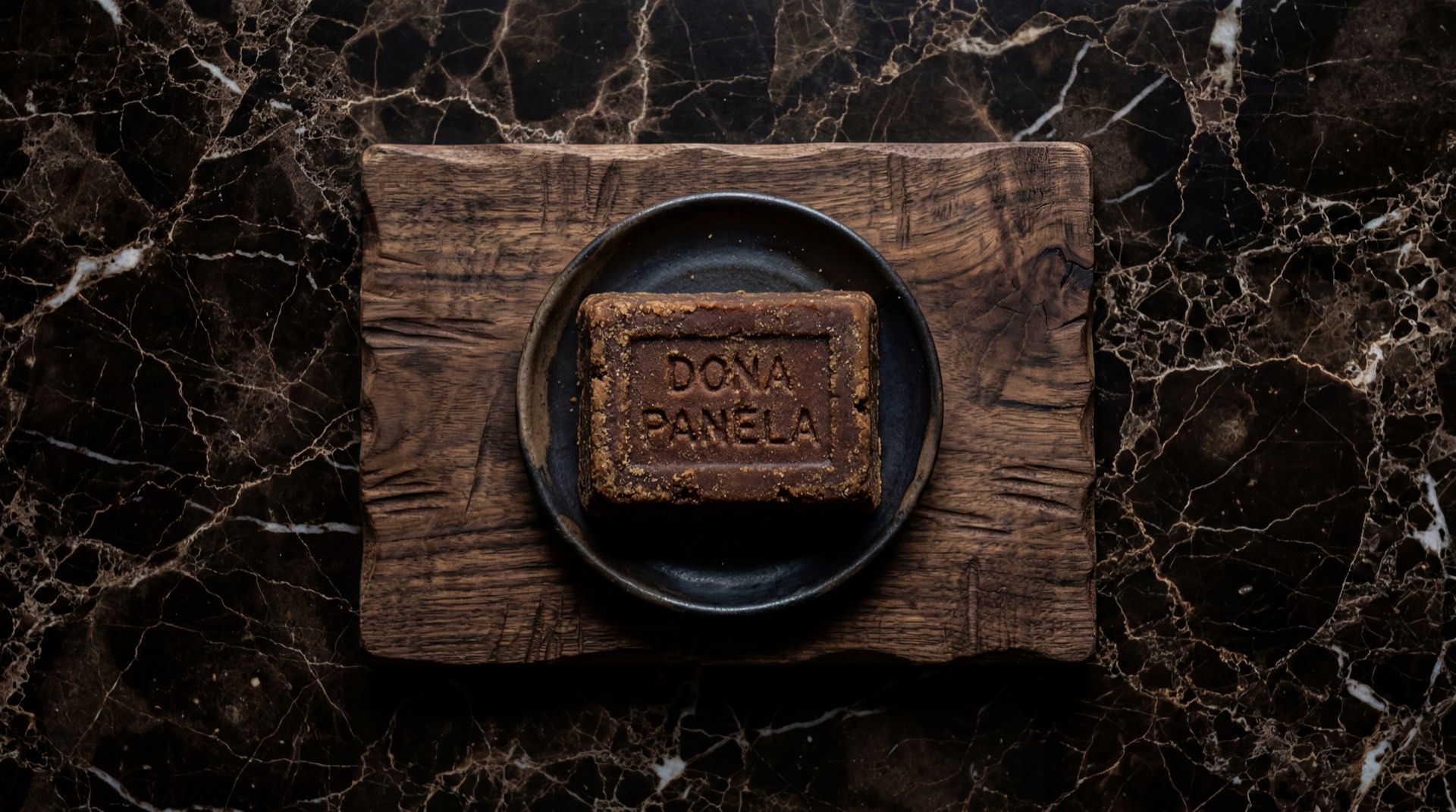 Bloque de panela Dona Panela colombiana, panela sin refinar de cana de azucar de color marron oscuro sobre mesa de piedra