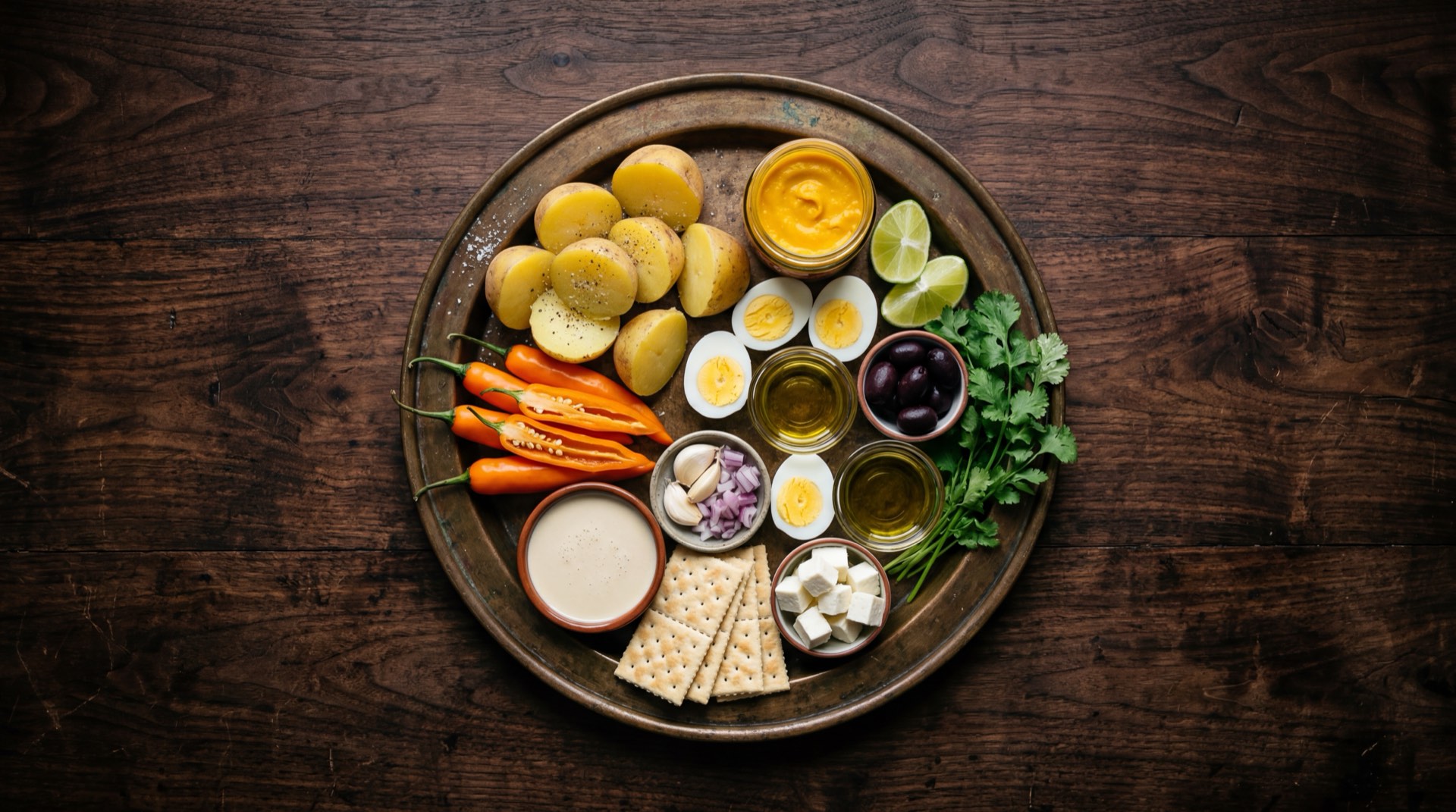 Ingredientes de la papa a la huancaina: papas amarillas peruanas cocidas, ajies amarillos frescos enteros, queso fresco serrano desmenuzado, galletas de soda cream crackers, leche evaporada entera, aceite vegetal, ajo fresco, huevos duros y aceitunas de botija negras