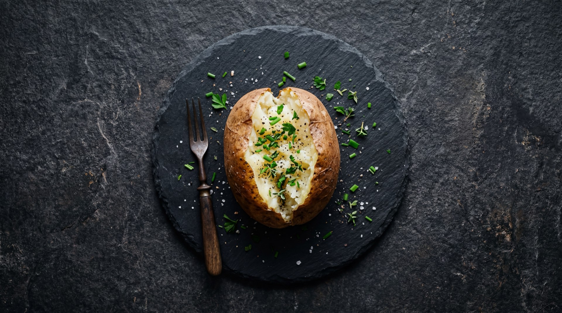 Papa colombiana al vapor sin piel con hierbas frescas en plato de ceramica sobre mesa oscura