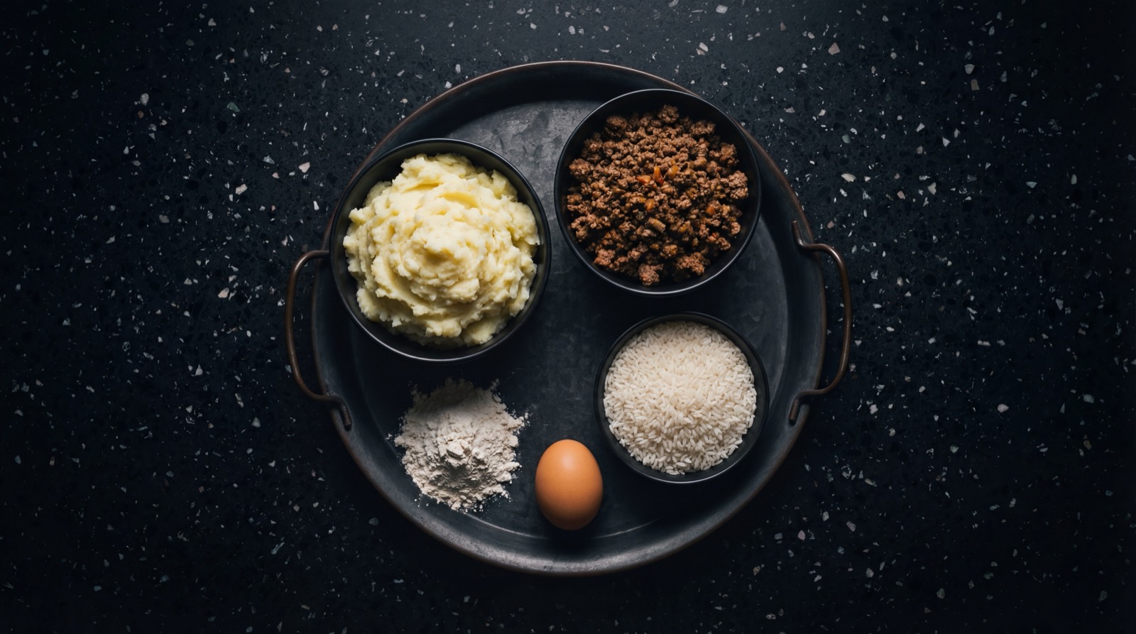 Ingredientes de la papa rellena: papa, carne molida, hogao, huevo, miga de pan