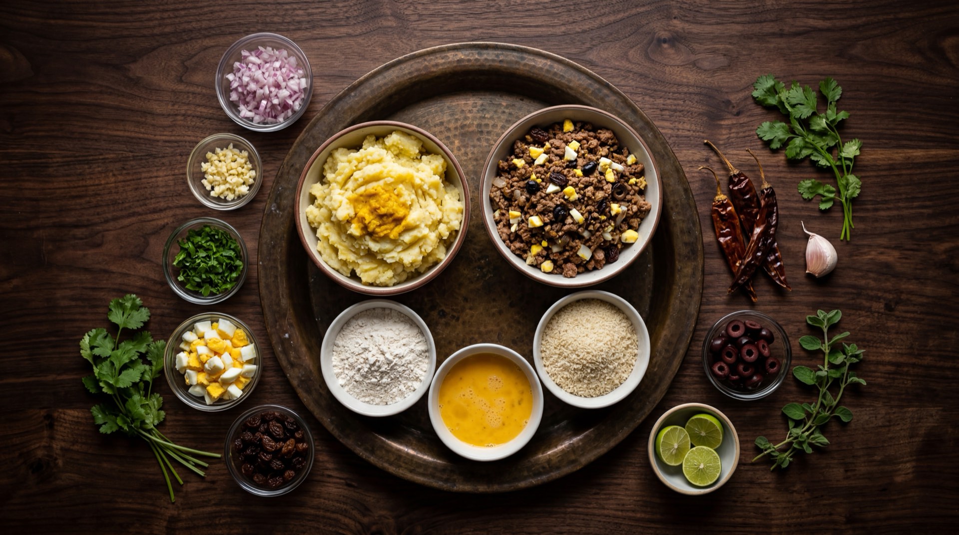 Ingredientes de la papa rellena peruana: papas amarillas peruanas peladas cocidas, carne molida de res, cebolla roja mediana, aji panca molido en pasta, aceitunas negras de botija sin hueso, huevos duros en rodajas, pasas rubias, huevos frescos para rebozar y comino molido