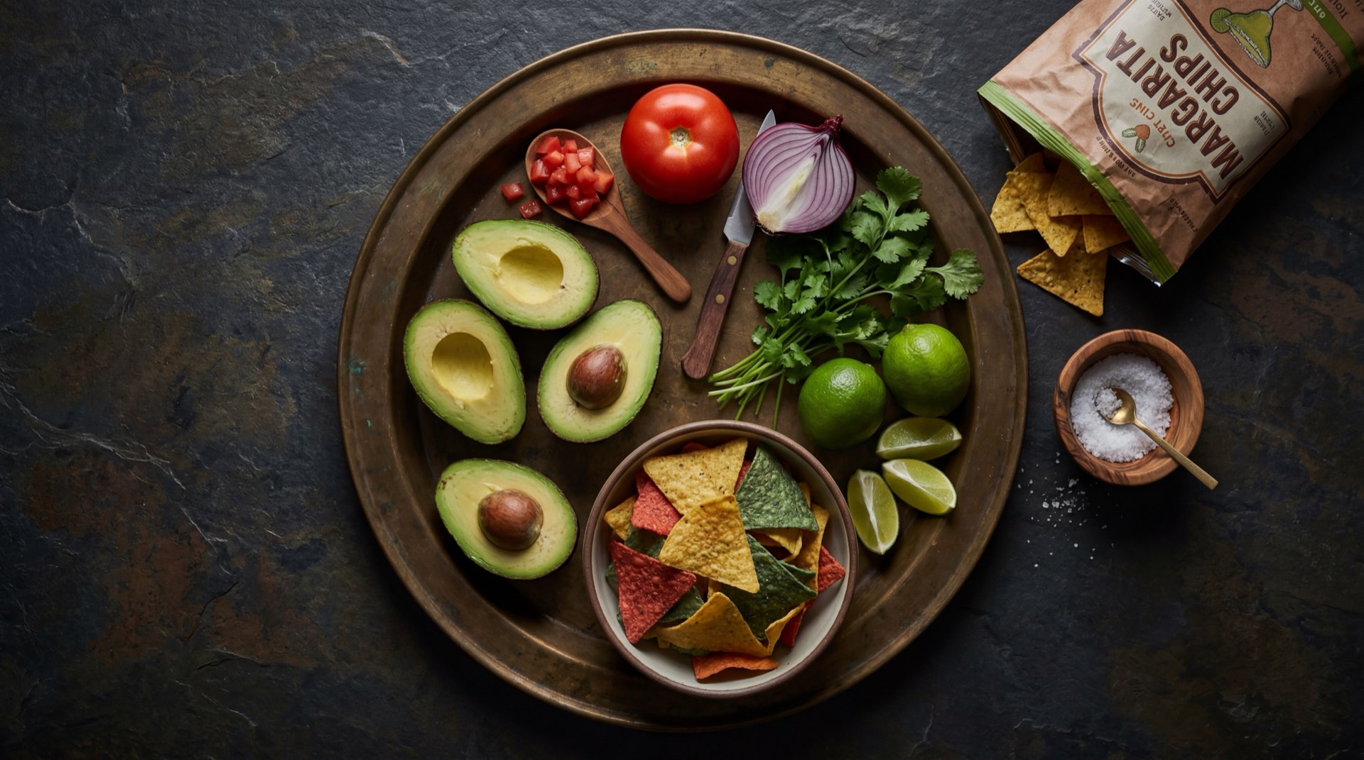 Ingredientes de las Papas Margarita: papas frescas enteras peladas, aceite vegetal de girasol y sal de mesa refinada sobre superficie de granito oscuro