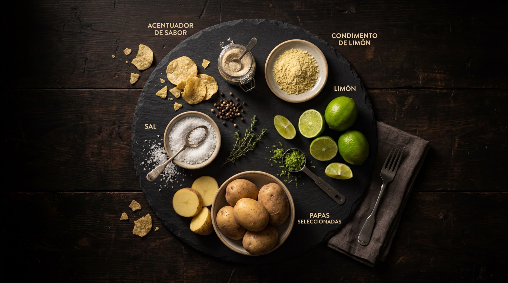 Ingredientes de las Papas Margarita Limon: papas frescas colombianas cortadas en rodajas finas, aceite vegetal para fritura, sal fina refinada, saborizante de limon en polvo y acido citrico
