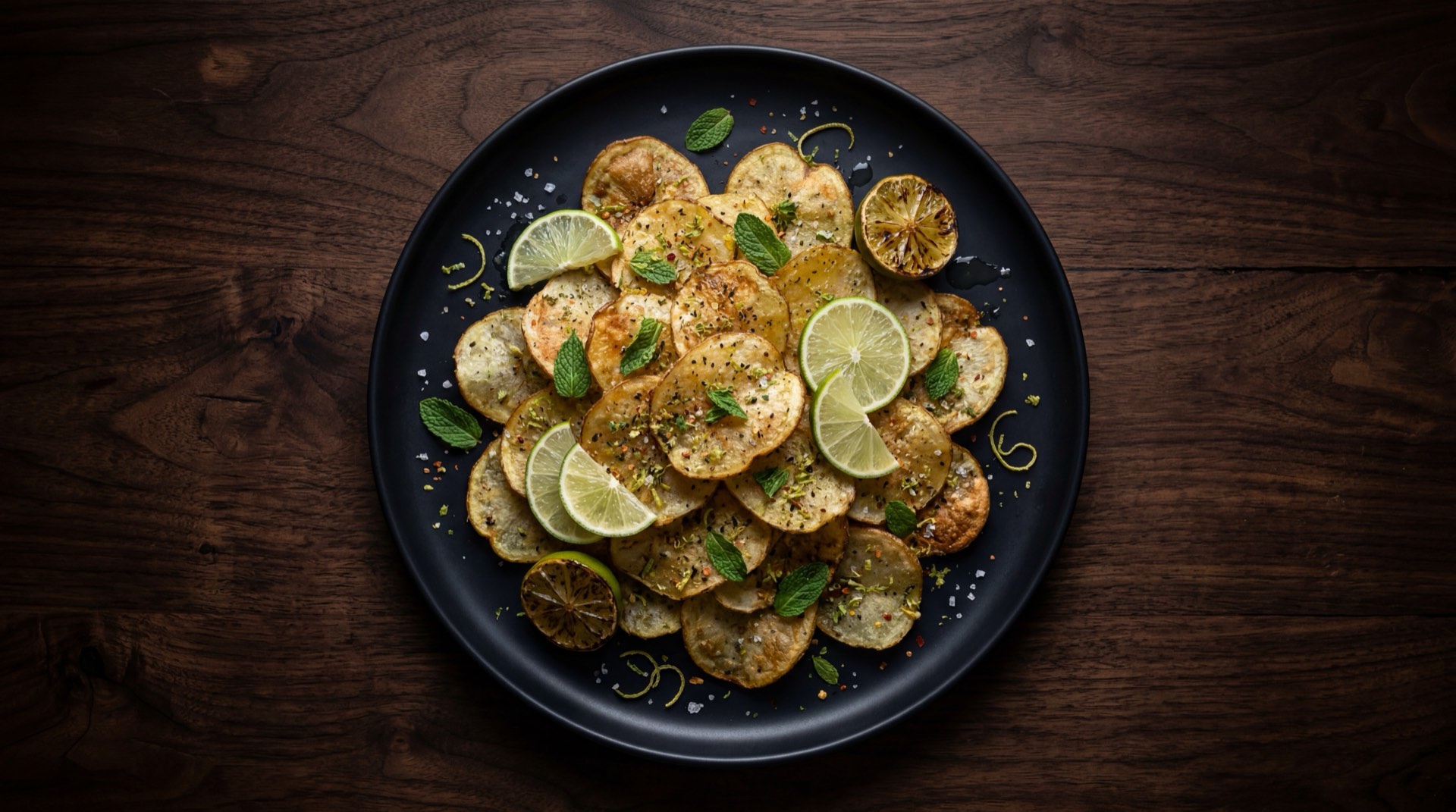 Chips de papa caseras horneadas con limon verde fresco colombiano, sal fina y ralladura de limon sobre plato de ceramica oscura