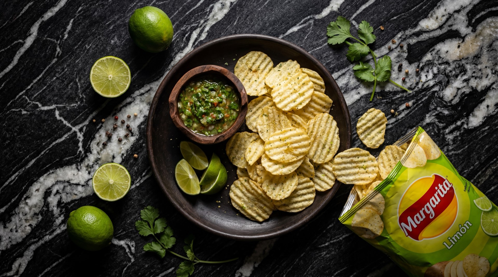 Papas Margarita sabor Limon colombianas crujientes en bolsa verde sobre plato de acero ennegrecido en mesa de cuarzo ahumado