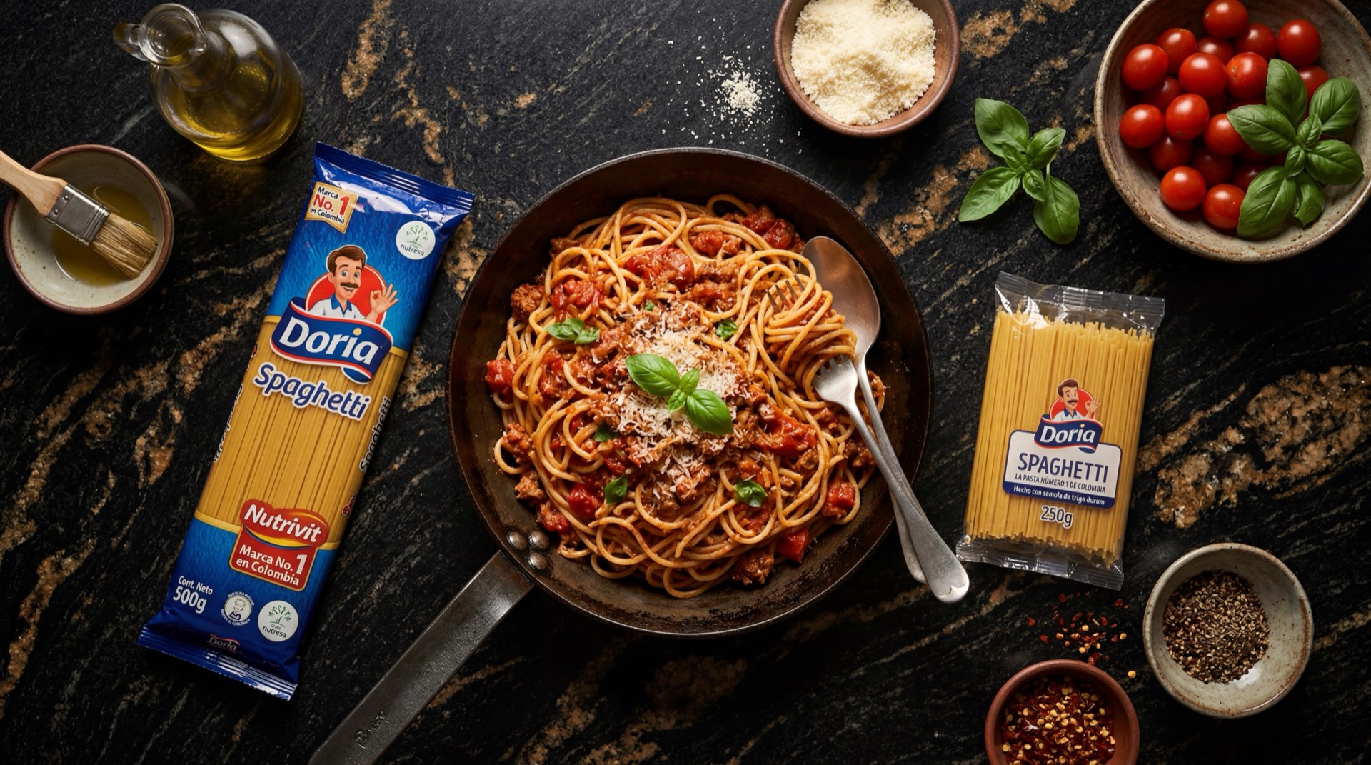Pasta Doria spaghetti cocido servido en plato hondo sobre mesa de marmol oscuro con empaque amarillo de Doria al fondo