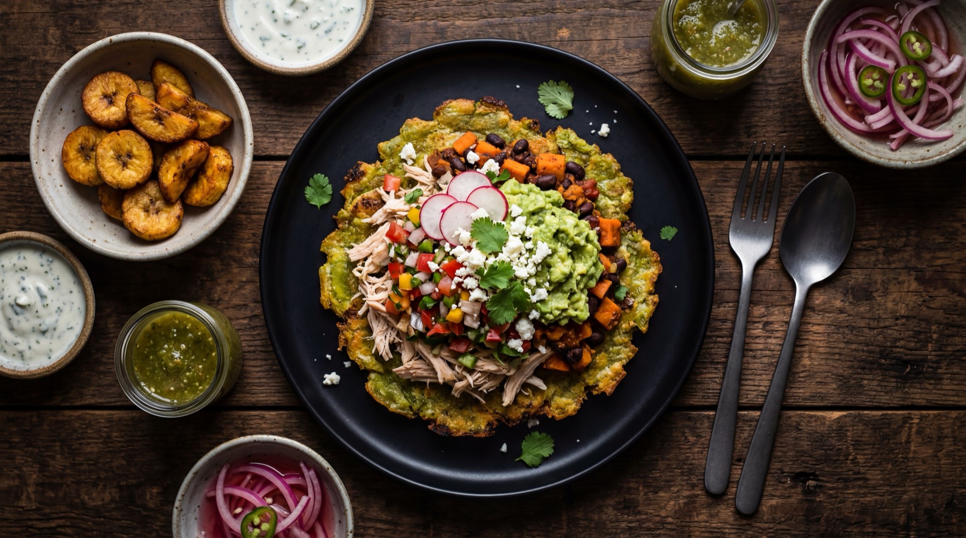 Patacon con todo version saludable horneado con pollo desmechado, queso fresco bajo en grasa y ensalada fresca