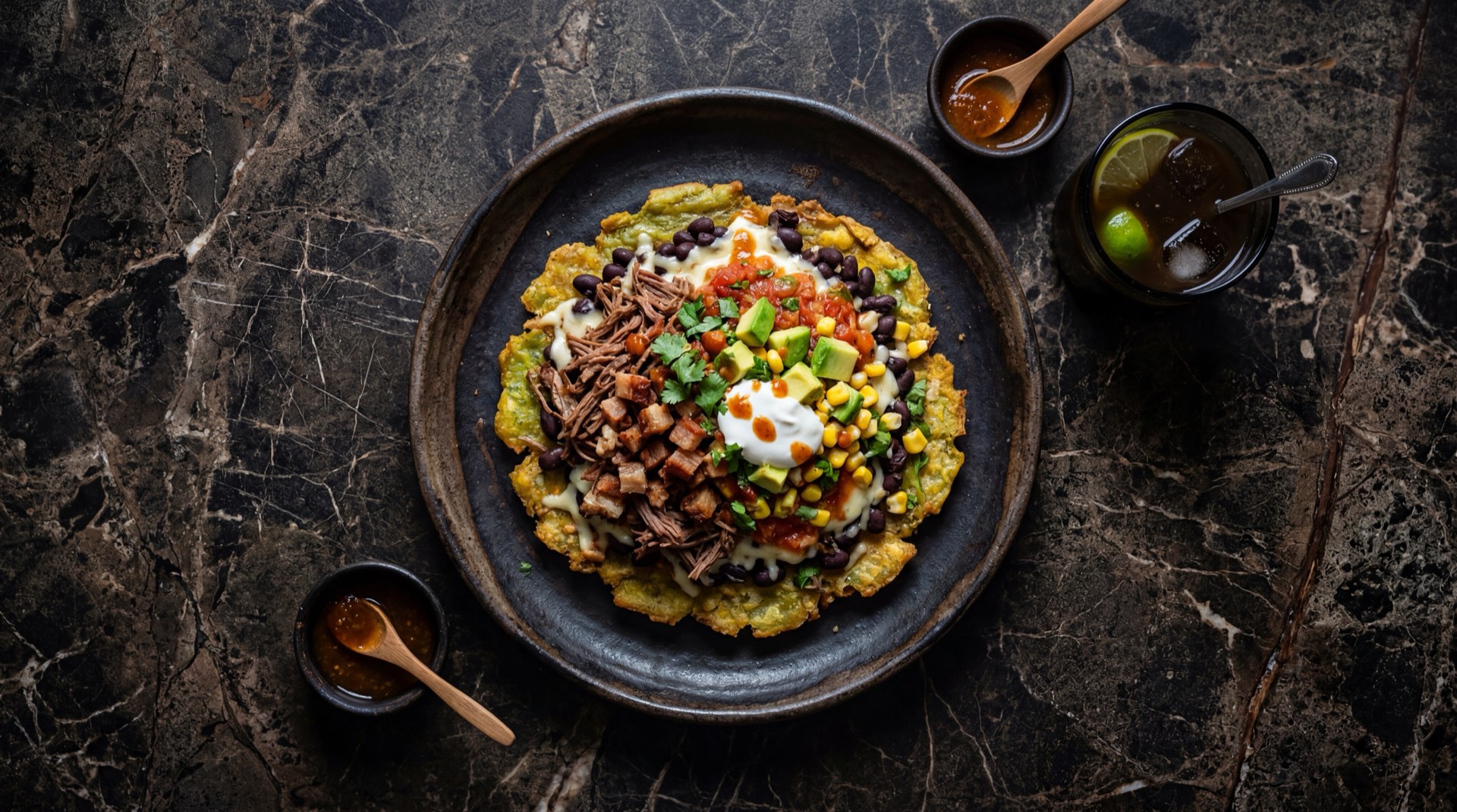 Patacon con todo colombiano gigante cubierto de carne desmechada, queso costeno rallado, hogao y salsa rosada