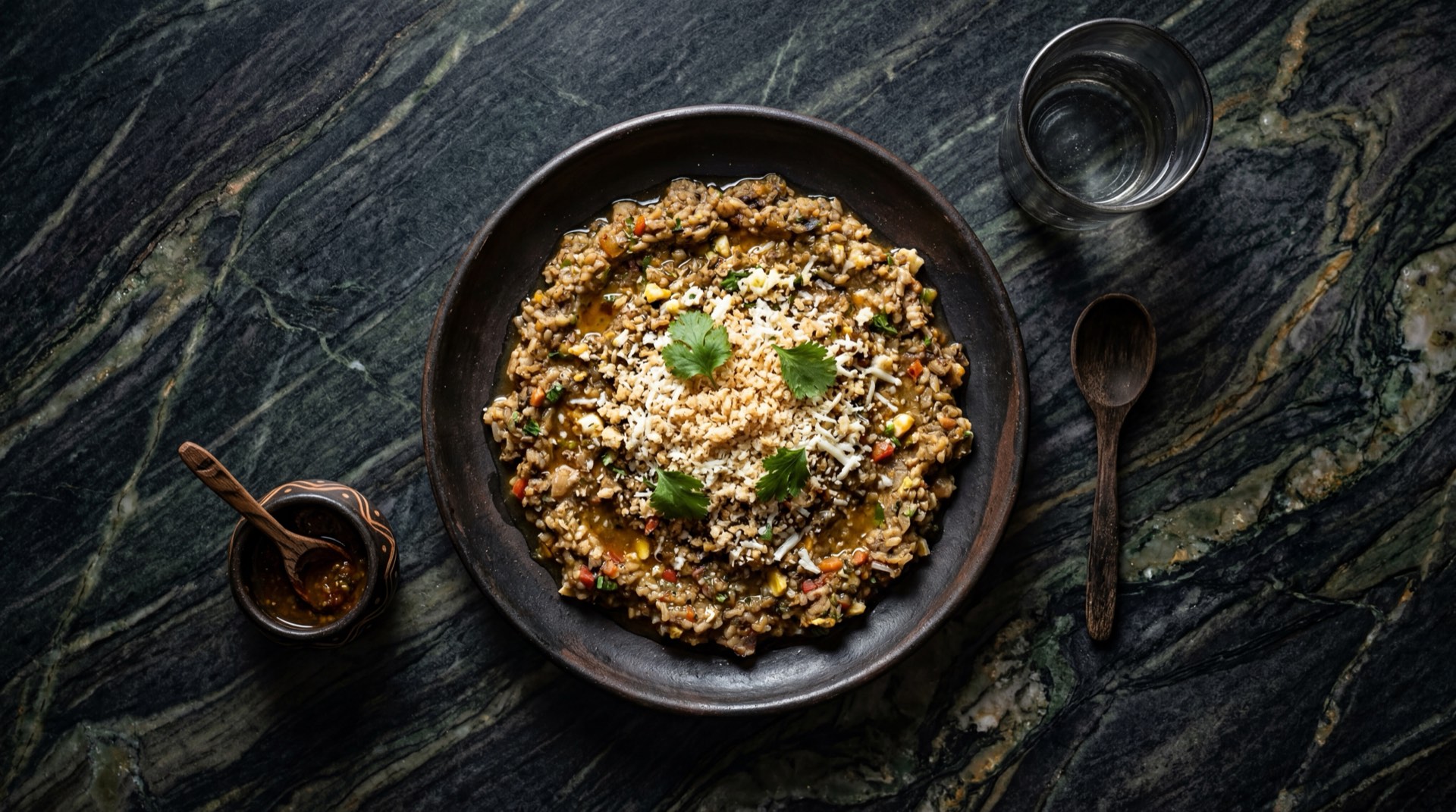 Pepitoria santandereana con visceras de cabro y arroz con sangre en cazuela de barro sobre mesa de nogal oscuro