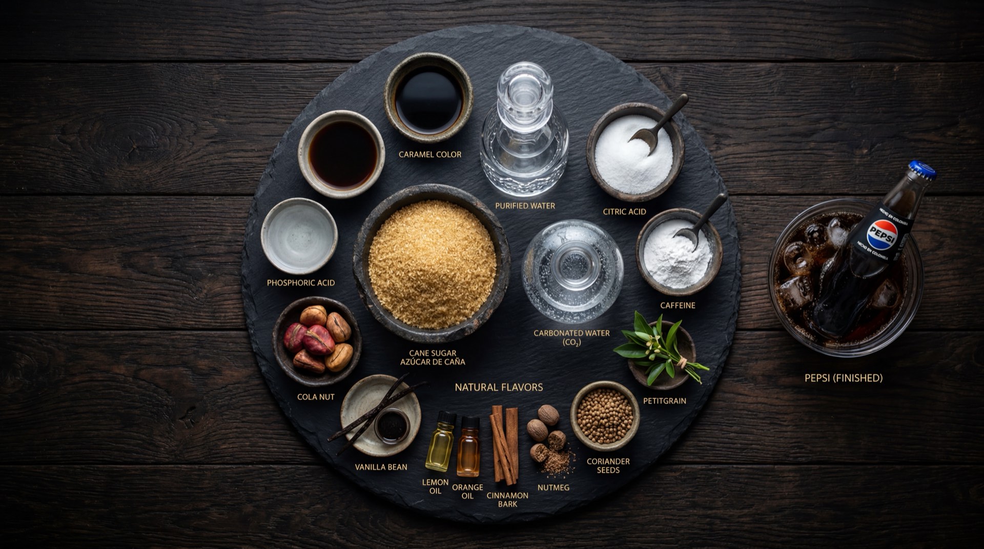 Composicion de la Pepsi Colombia: agua carbonatada, azucar de cana, color caramelo, acido fosforico, saborizantes naturales y cafeina