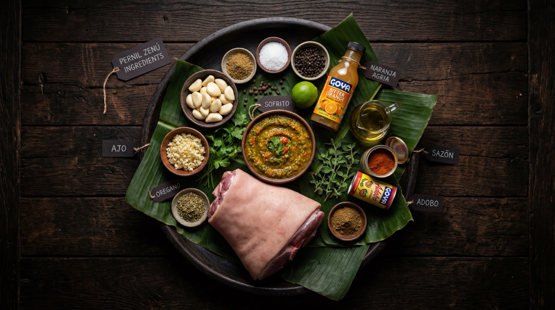 Ingredientes para preparar pernil Zenu: pernil de cerdo empacado al vacio, salsa de ciruelas dulces, miel de abejas pura, mostaza Dijon, pimienta negra molida, clavos de olor molidos y canela en polvo