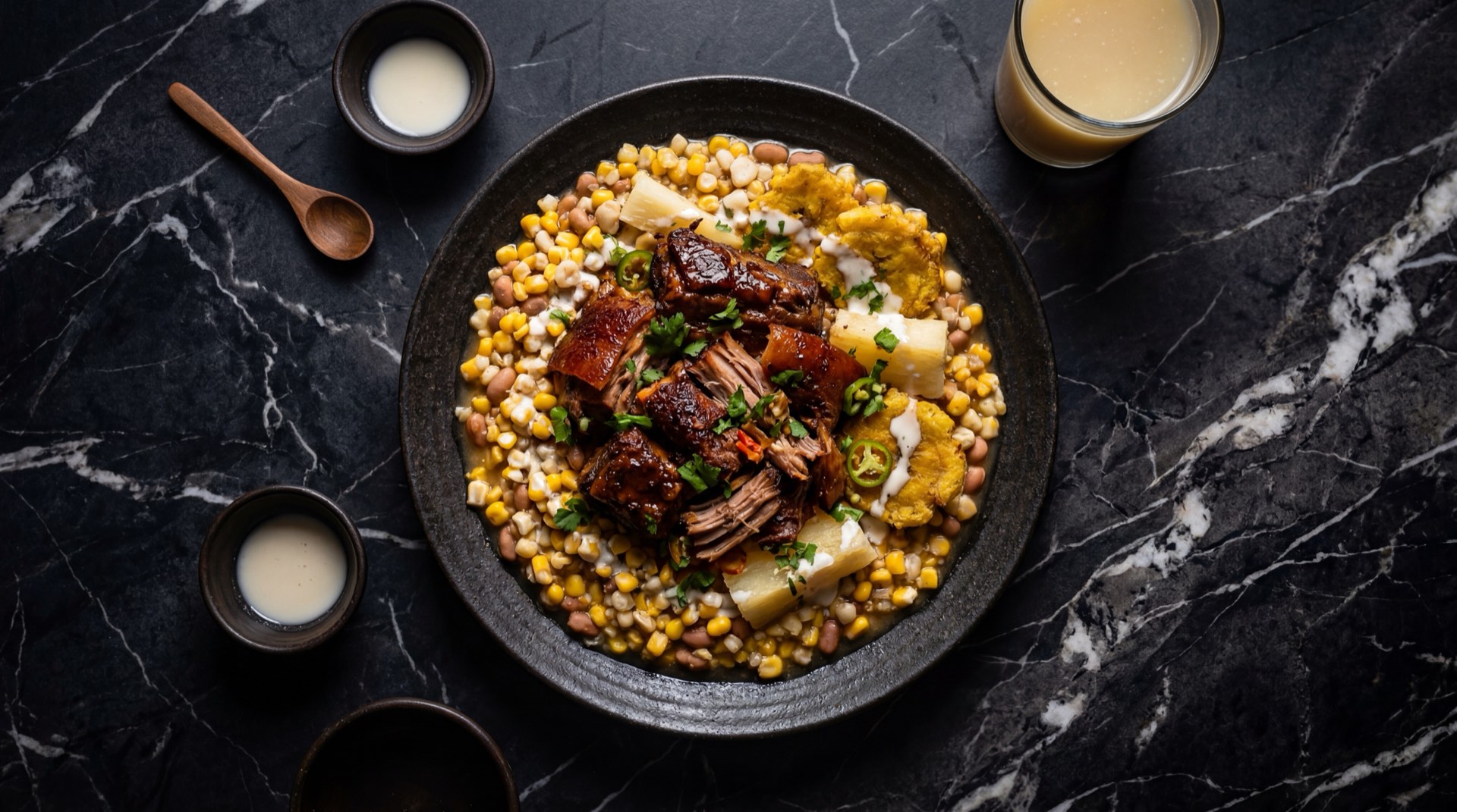 Pernil Zenu colombiano tajado en bandeja de bronce oxidado sobre mesa de marmol negro con vetas doradas