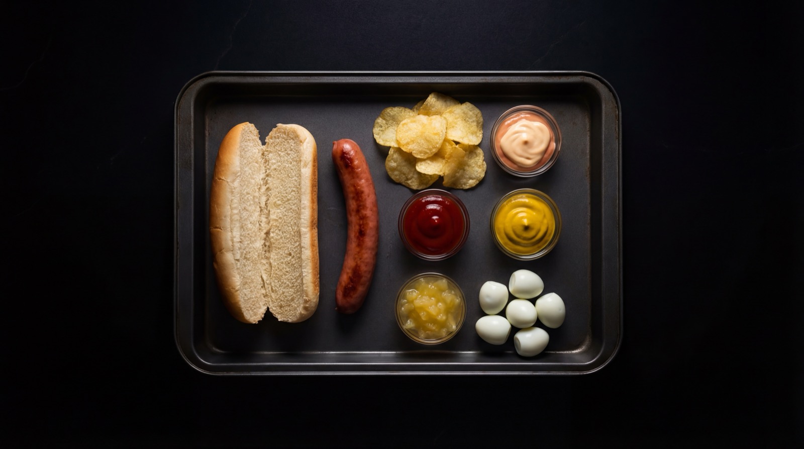 Ingredientes del perro caliente colombiano: salchicha, pan, papas paja, queso, salsas, maiz y huevo de codorniz