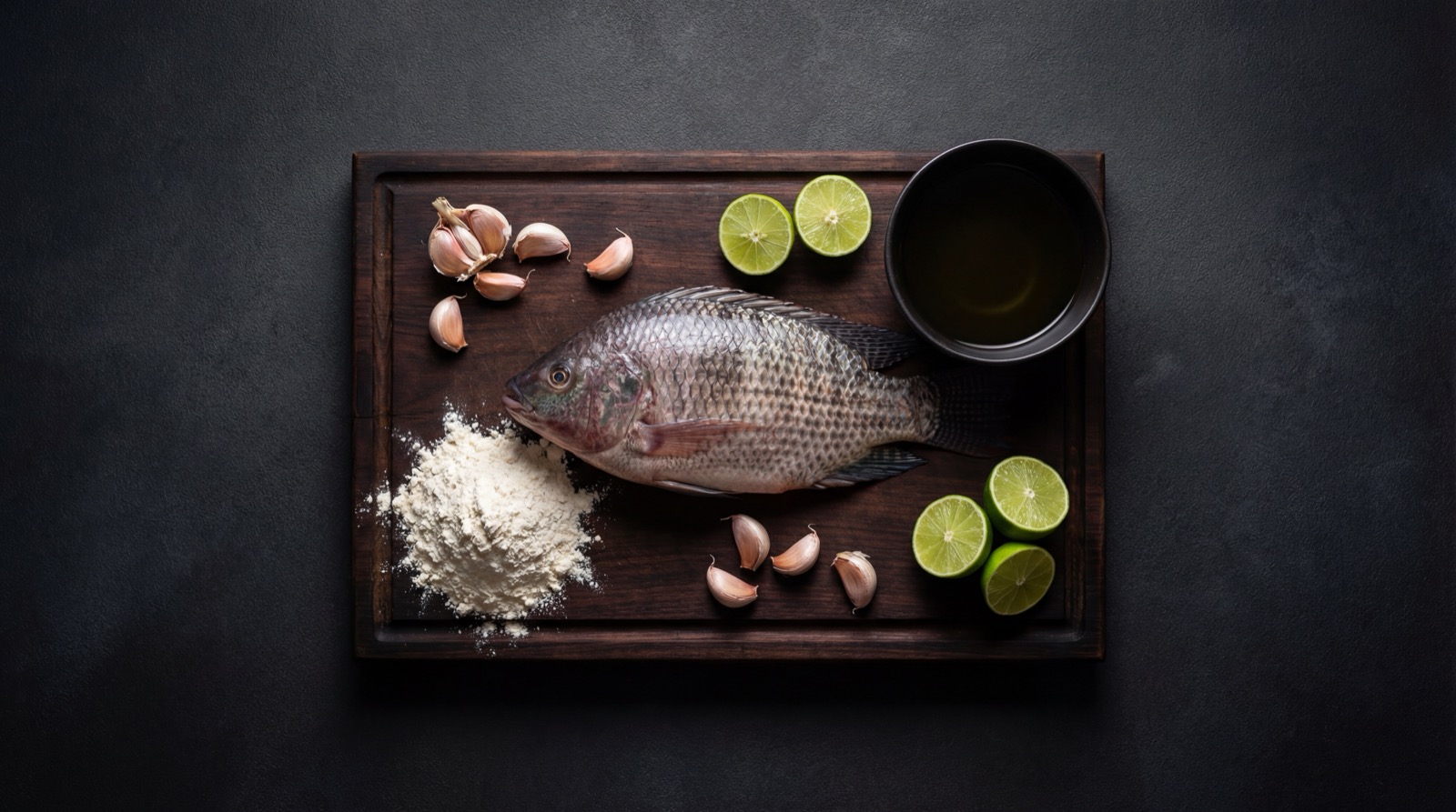 Ingredientes del pescado frito: pescado entero, limon, ajo, sal, aceite y harina