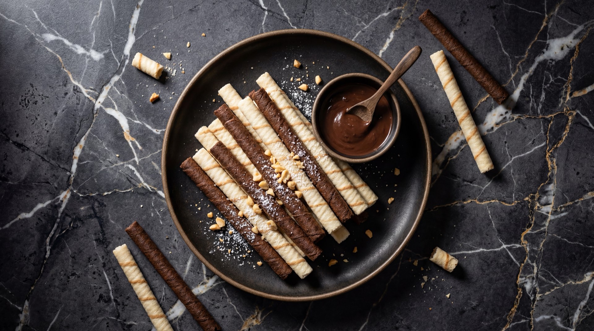 Galletas Piazza Noel colombianas rellenas de crema de chocolate sobre plato de obsidiana negra en mesa de granito oscuro