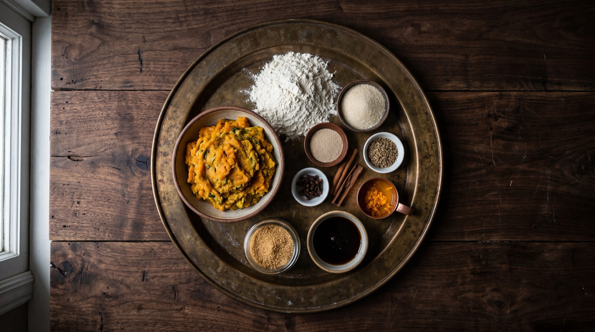 Ingredientes de los picarones peruanos: camote naranja pelado, zapallo macre pelado, harina de trigo para todo uso, levadura seca, anis en grano, chancaca en bloques oscuros, rajas de canela entera, clavos de olor y cascara de naranja