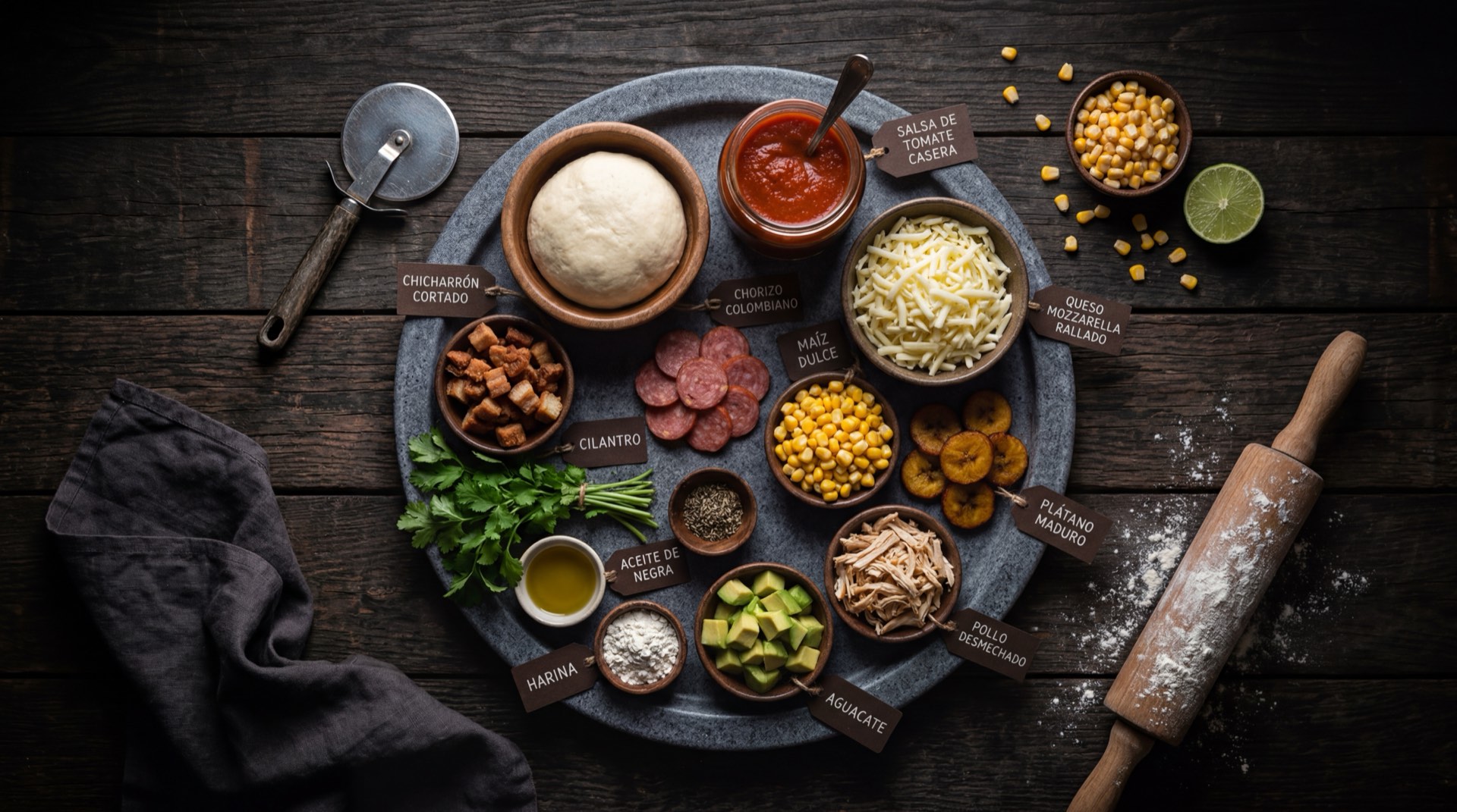 Ingredientes de la pizza colombiana: harina de trigo todo uso, levadura seca activa, salsa de tomate, queso mozzarella rallado abundante, jamon en tajadas, maiz dulce enlatado escurrido y champiñones frescos rebanados