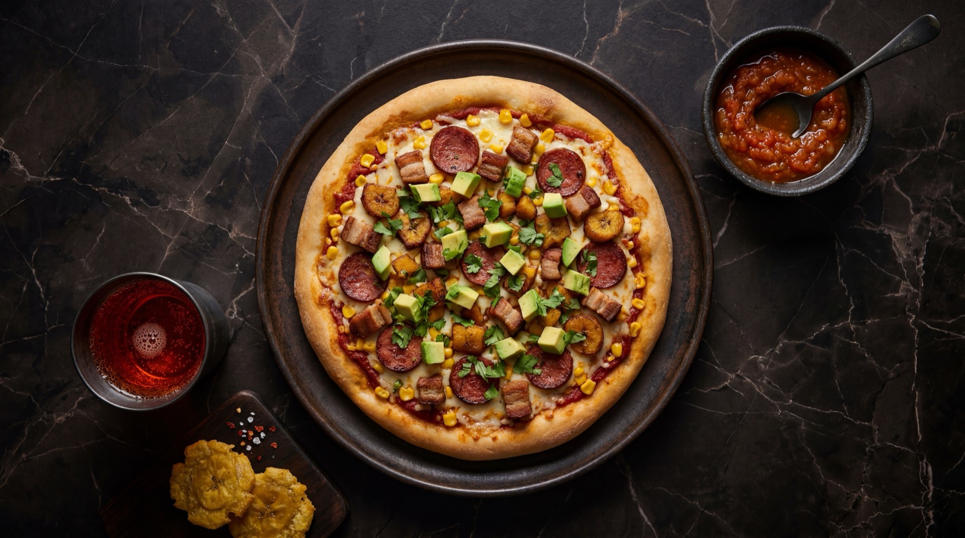 Pizza colombiana entera con masa gruesa dorada, abundante queso mozzarella derretido, jamon en tajadas, maiz dulce y champiñones frescos rebanados